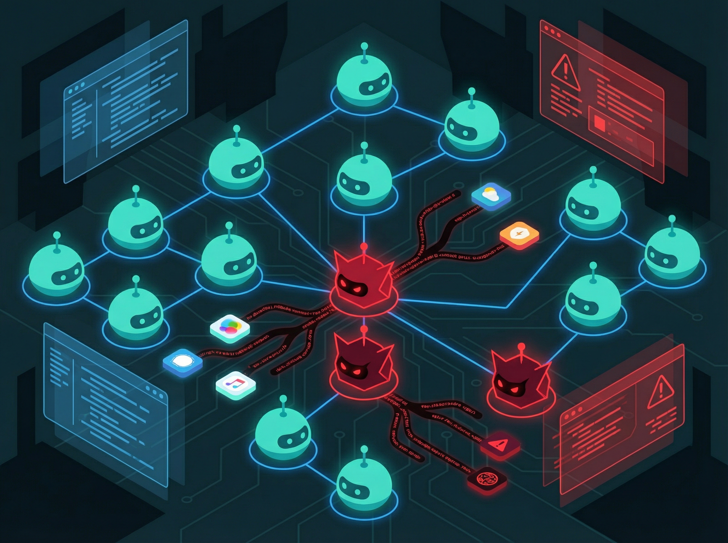 Digital infection spreading through a network of robot icons, some turning from friendly teal to sinister red