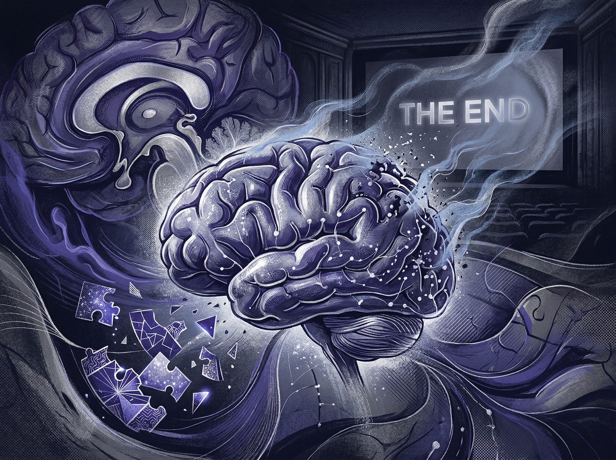 Abstract illustration of neural pathways dissolving like mist after a puzzle is solved, a fading movie screen showing THE END