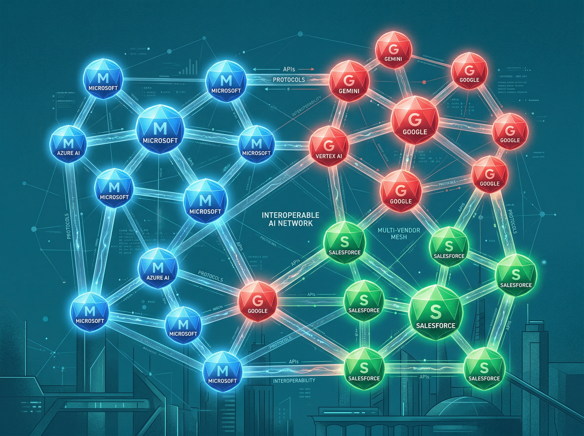 Multiple AI agents from different vendors connected by translucent protocol bridges forming a mesh network
