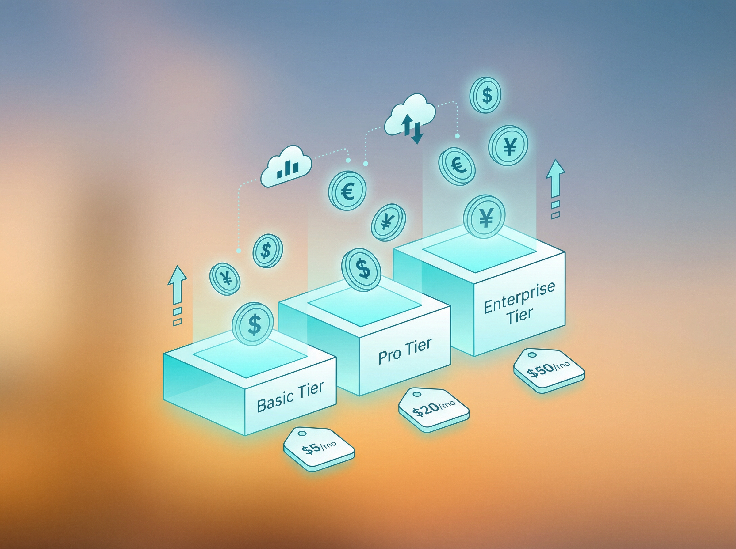 Abstract visualization of cloud storage pricing tiers as ascending platforms