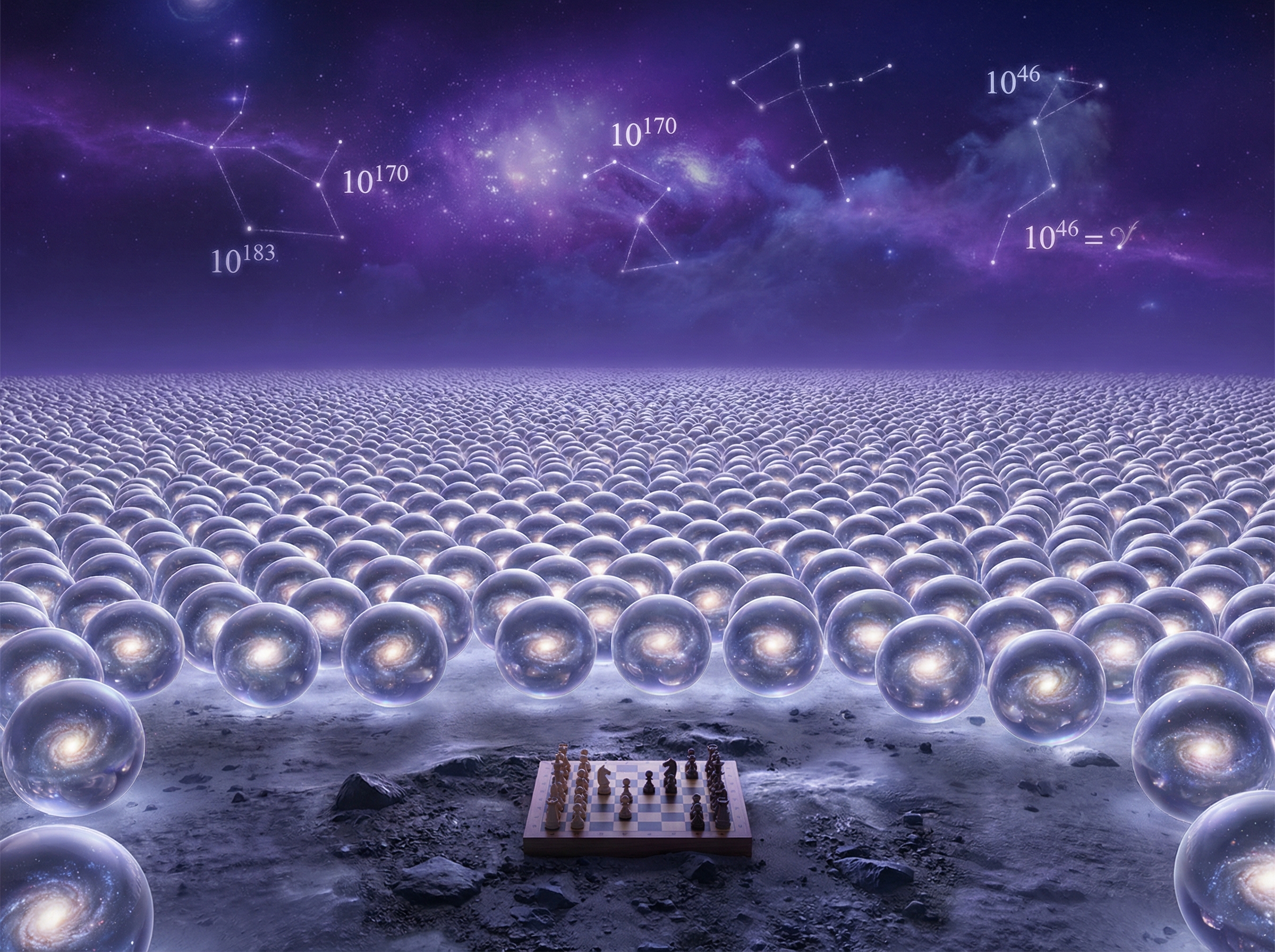 An infinite field of translucent Go stones stretching to the horizon, each containing a tiny galaxy, with a chess board sitting like a postage stamp in the foreground