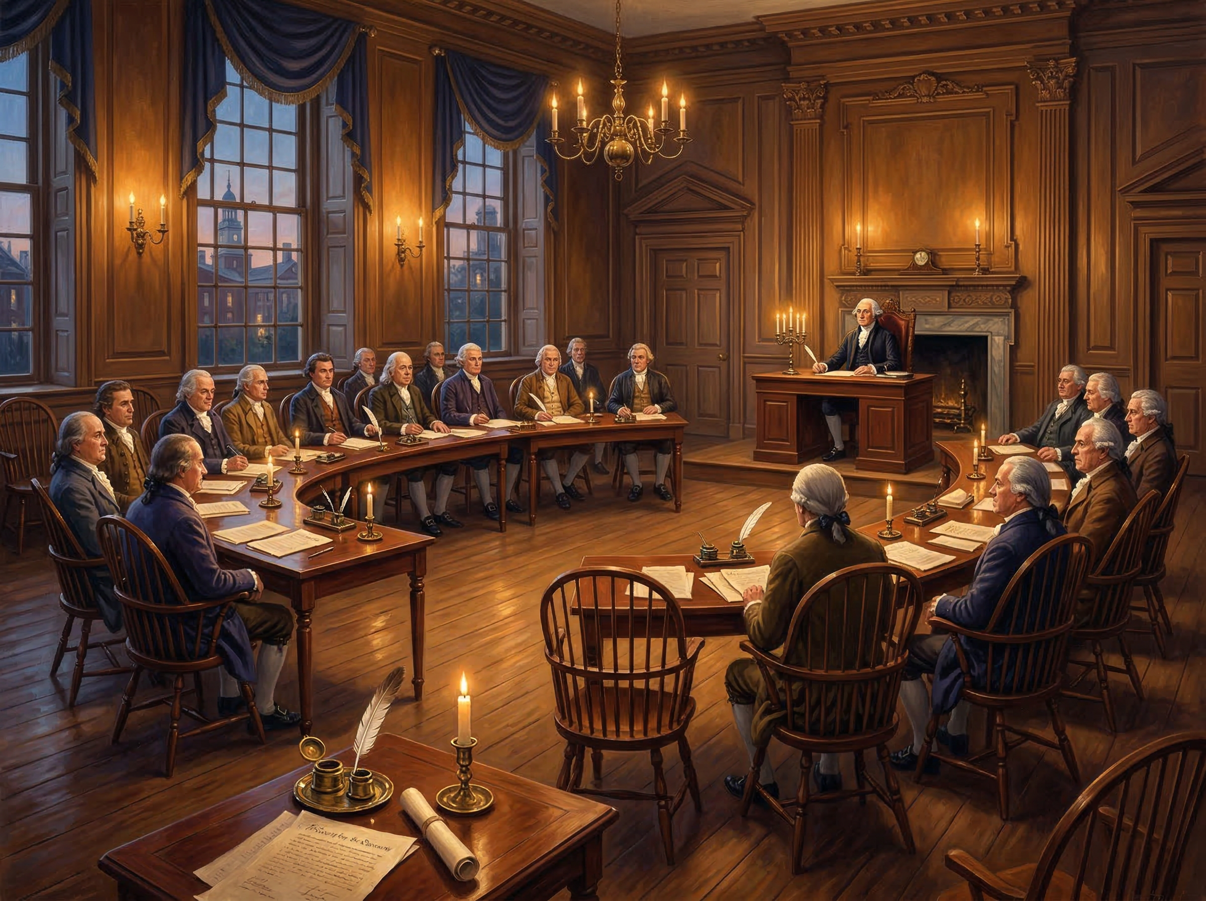 Interior of Independence Hall in 1787, candlelit with delegates seated around tables covered in parchment
