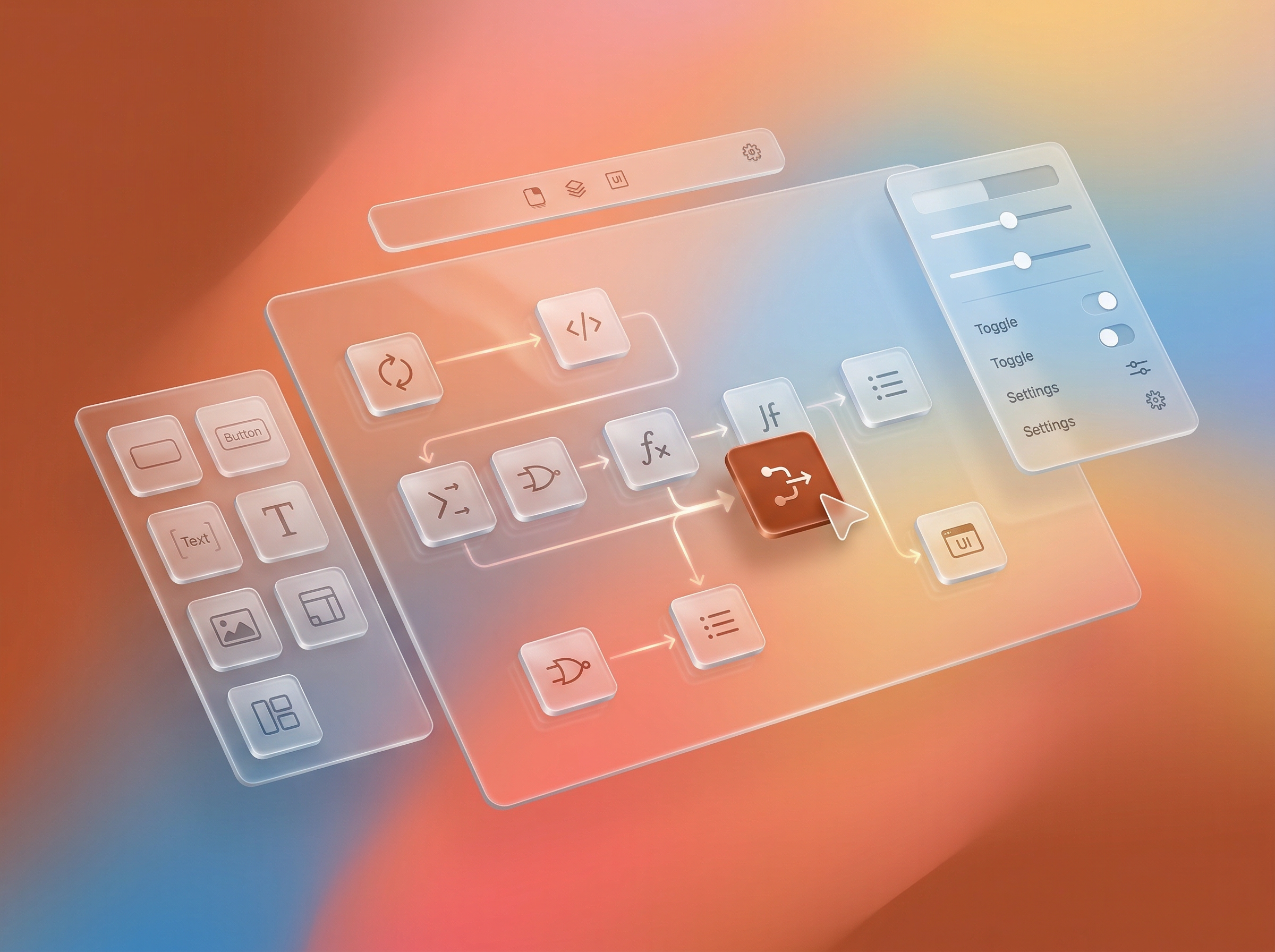 Modern Apple interface with translucent Liquid Glass panels showing visual programming blocks