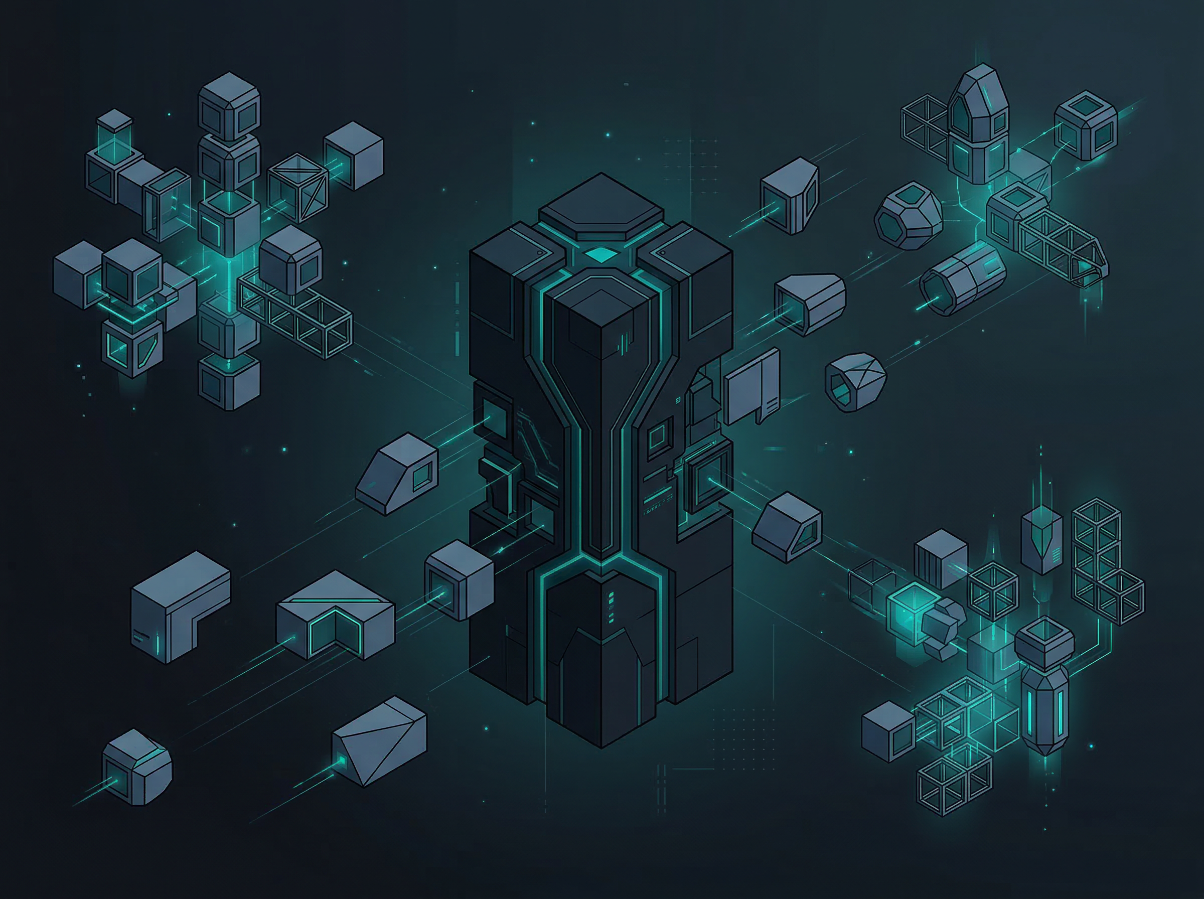 Abstract modular architecture blocks disconnecting and reconnecting in new formations