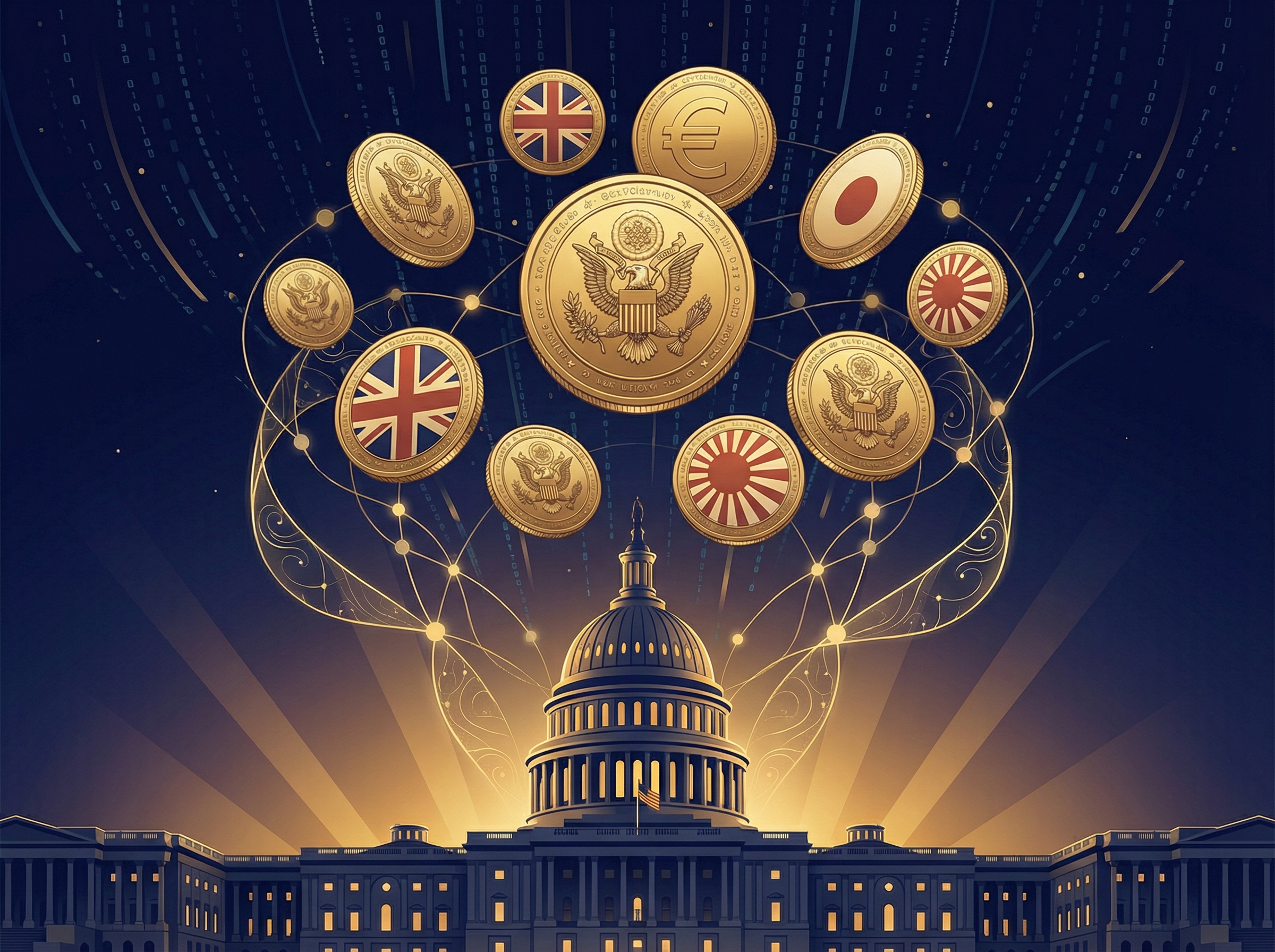Cryptocurrency coins with American eagle emblems floating above government buildings