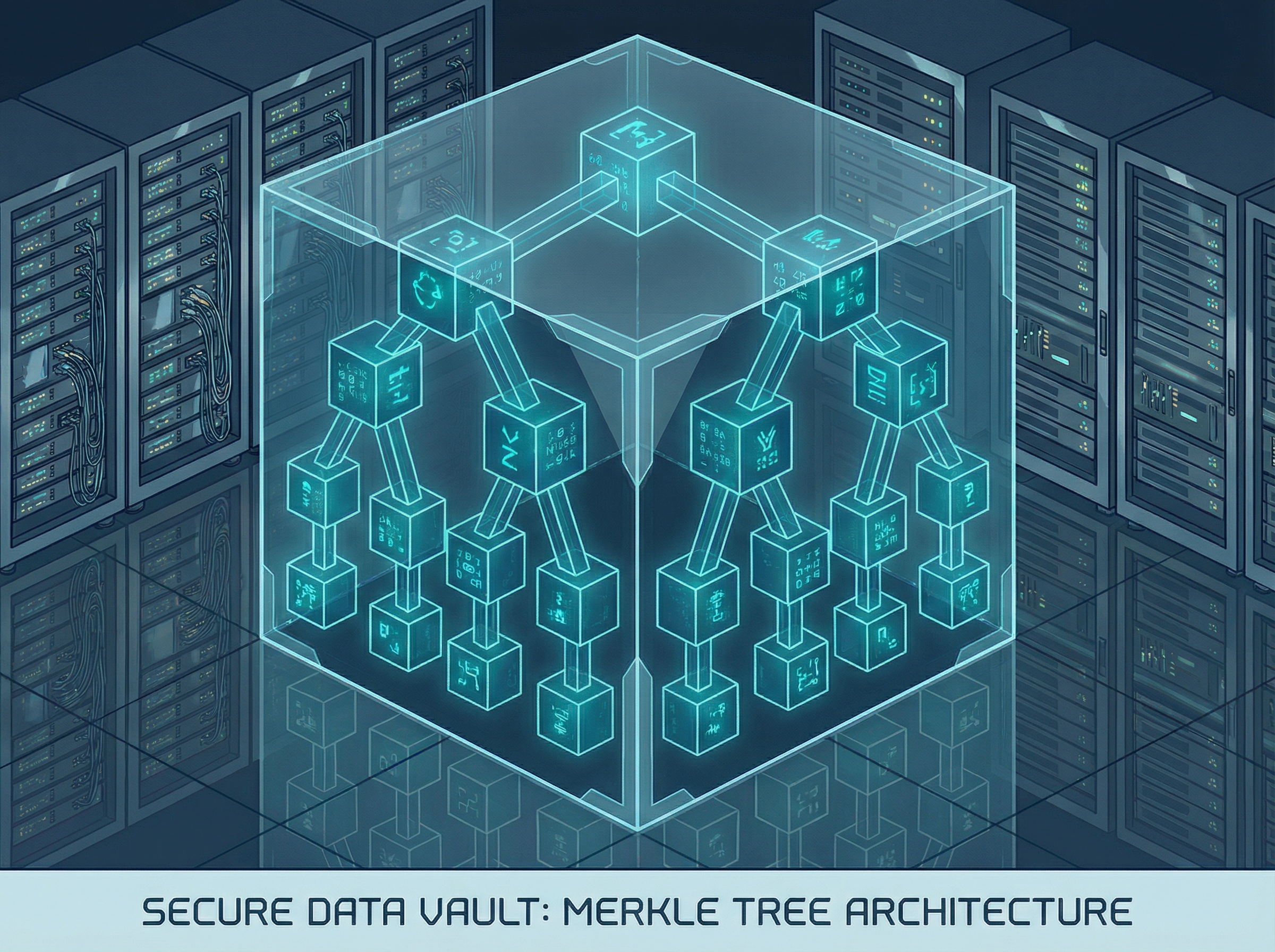 Glowing crystalline vault of Merkle tree nodes containing encrypted code symbols