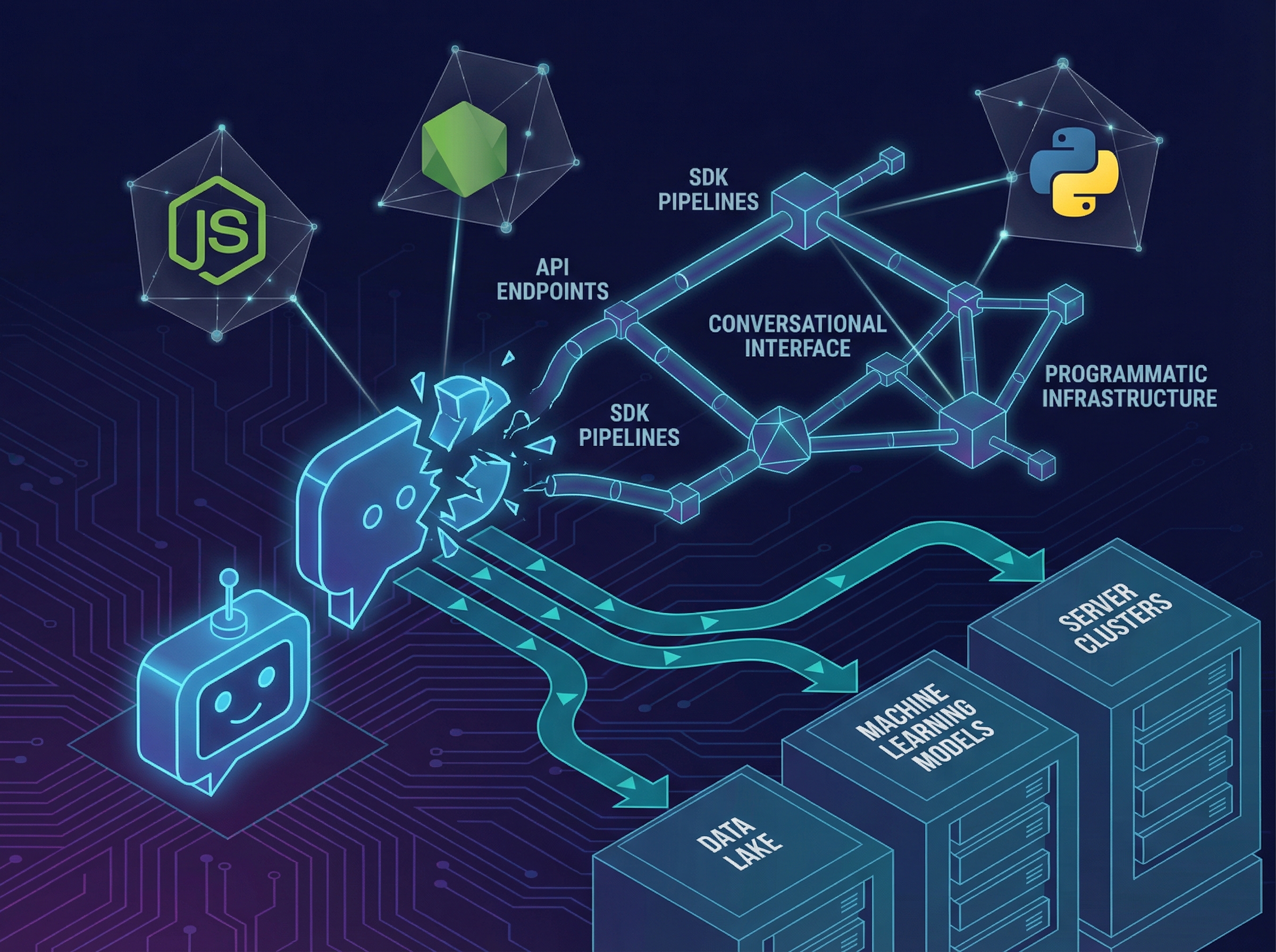 Multiple robotic arms emerging from a central AI core, each handling different coding tools in parallel