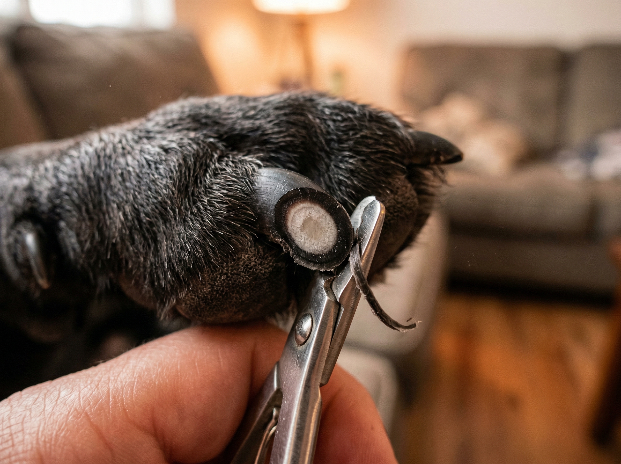 Close-up of a dark dog nail being carefully trimmed, showing the chalky cross-section