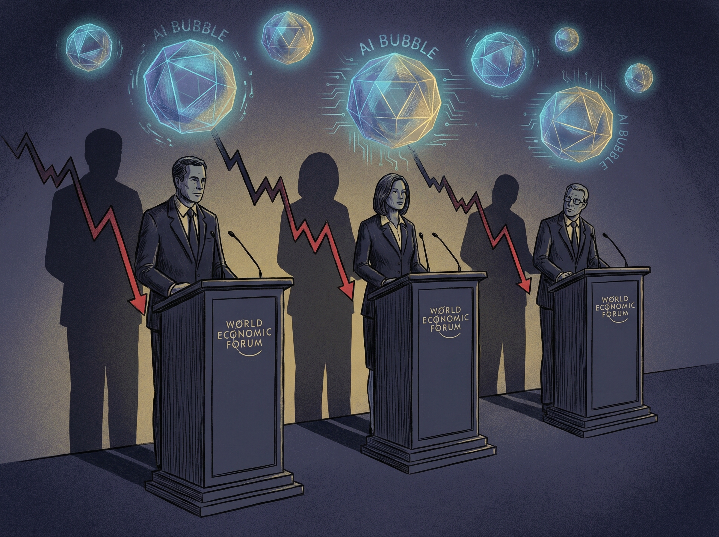 Surreal World Economic Forum scene with AI bubbles floating ominously
