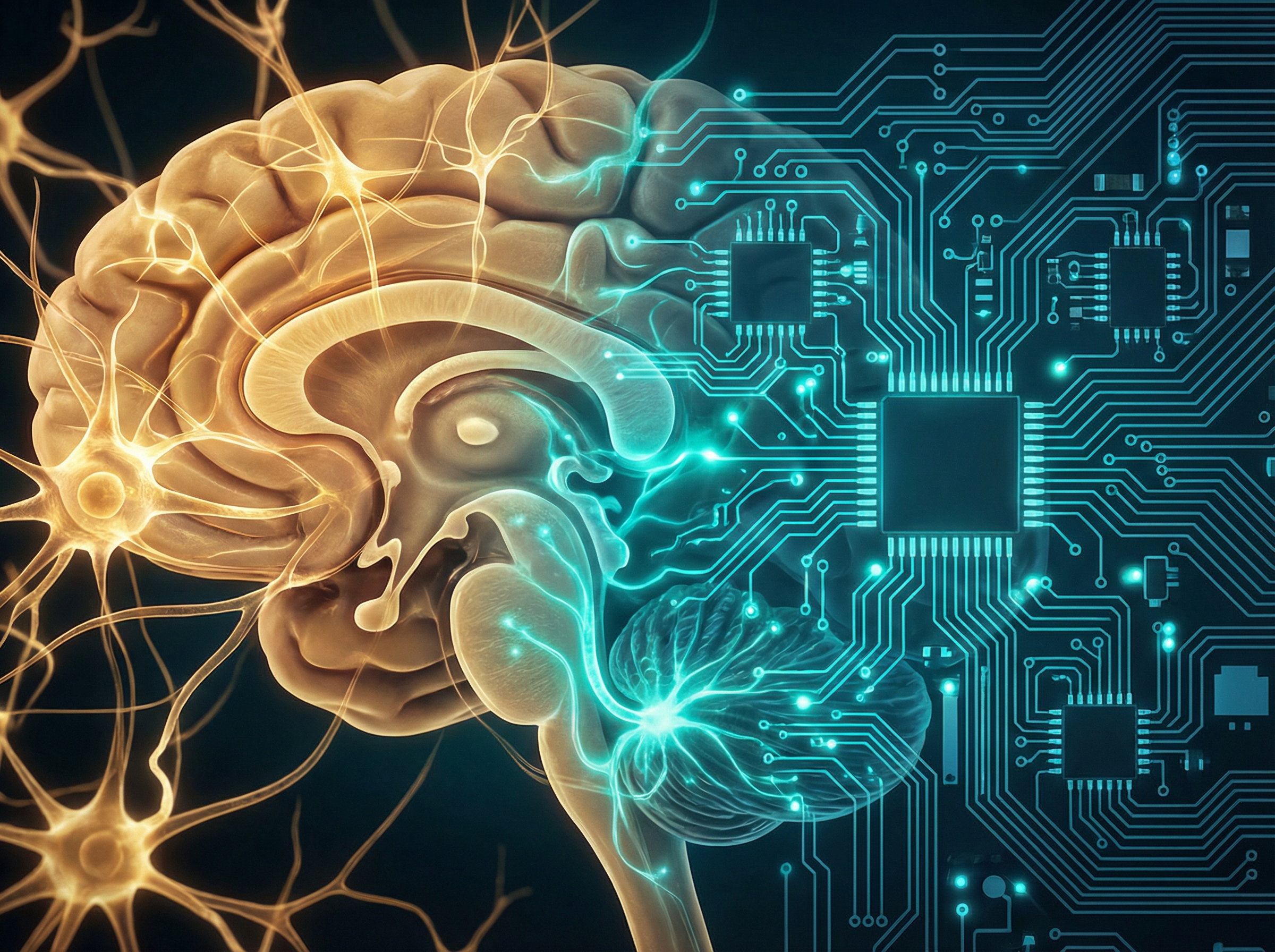 Two silhouetted figures debating on a grand illuminated stage with neural network projections