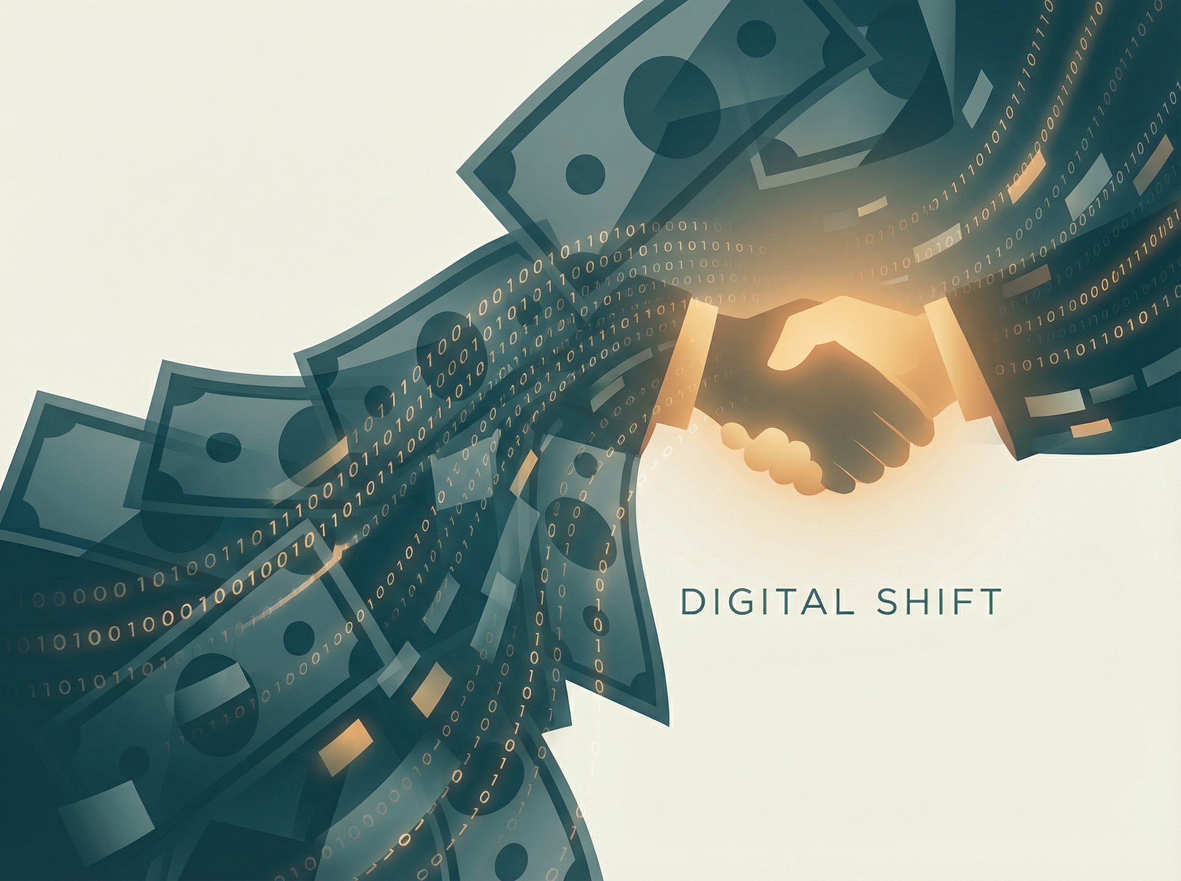 Translucent currency notes morphing into binary code, a golden handshake silhouette visible through the data cascade