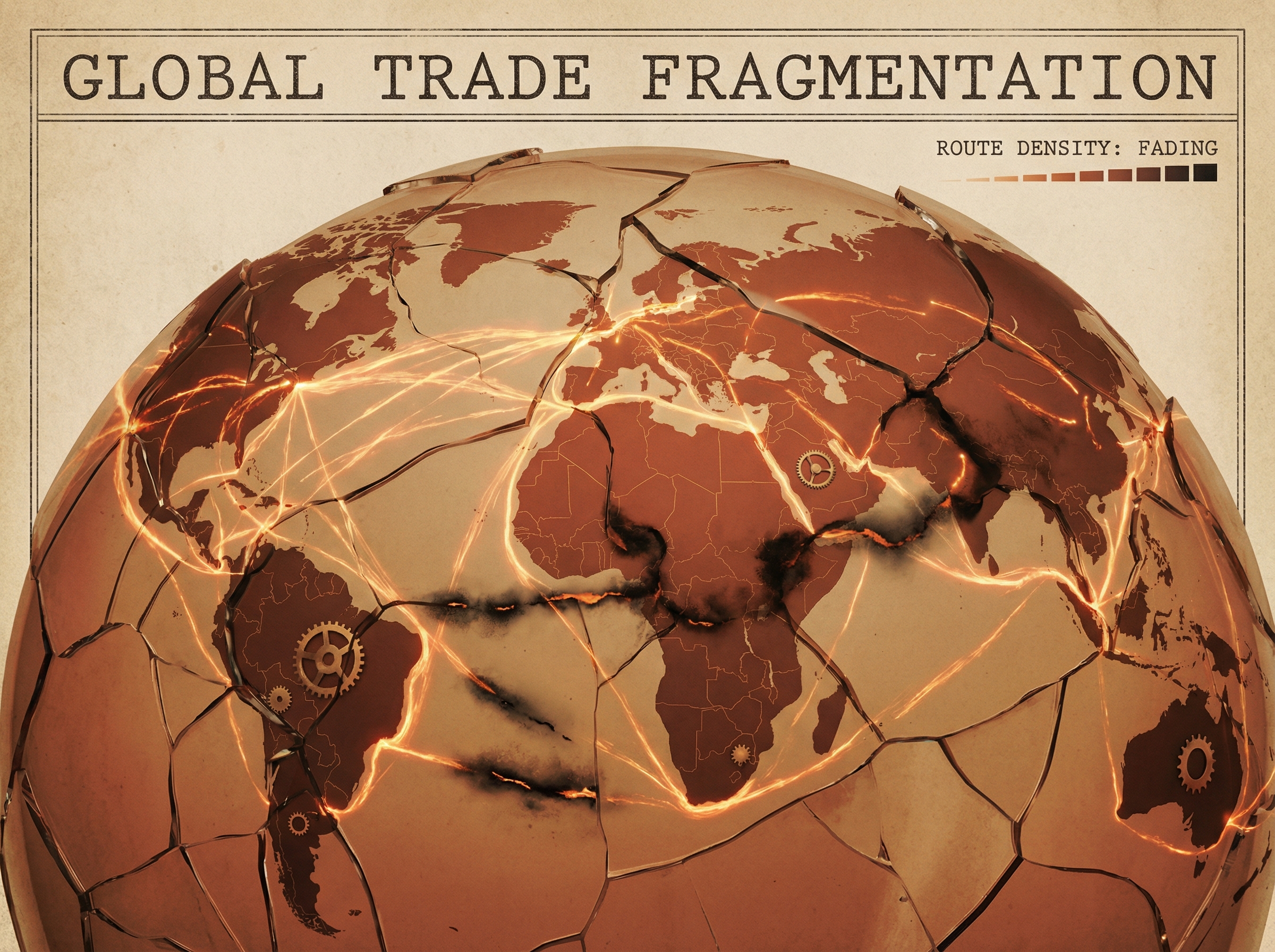 Global trade network fragmenting, glowing shipping routes fading to darkness