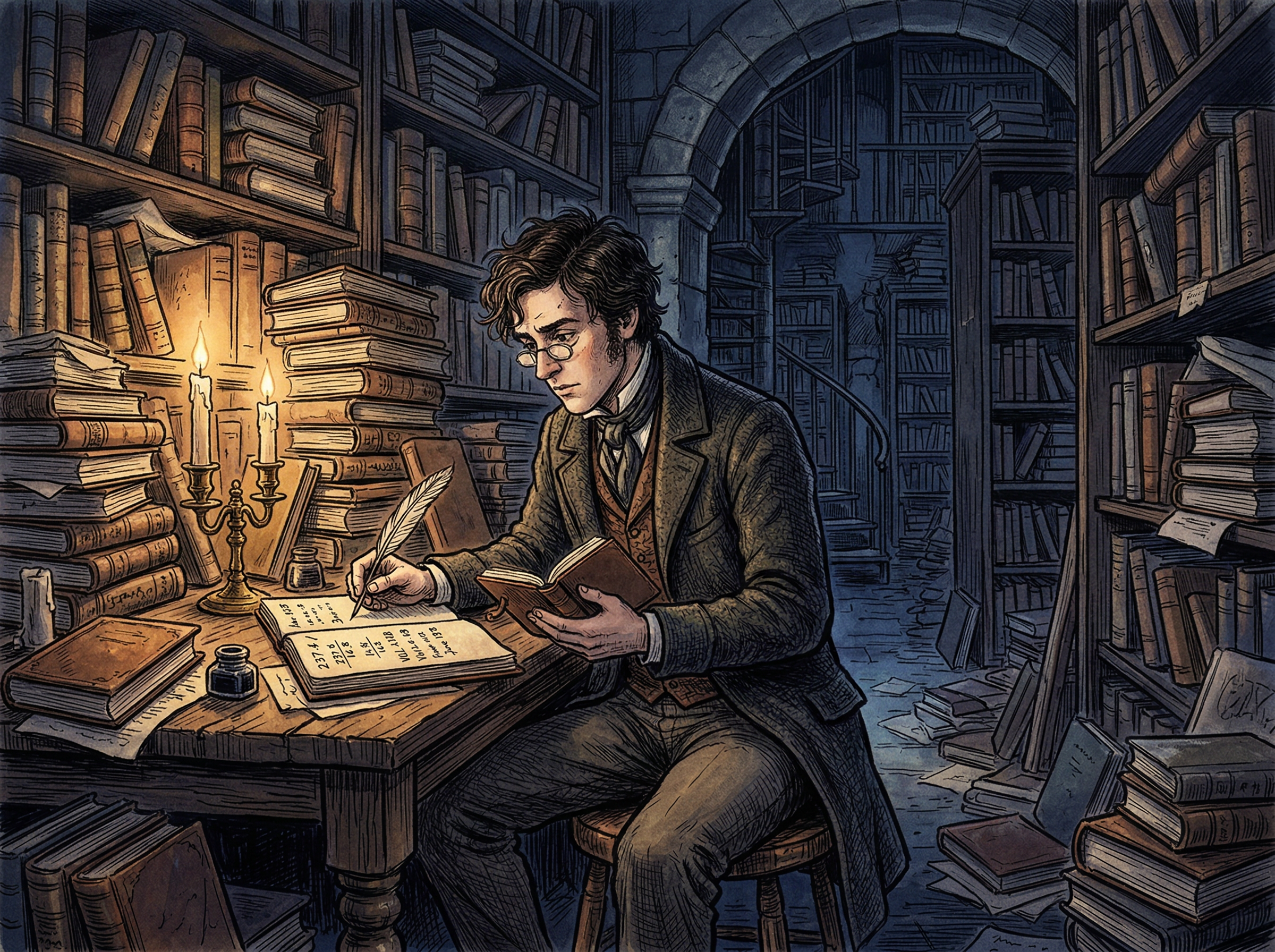 A young Victorian scholar in a candlelit library surrounded by unsorted books