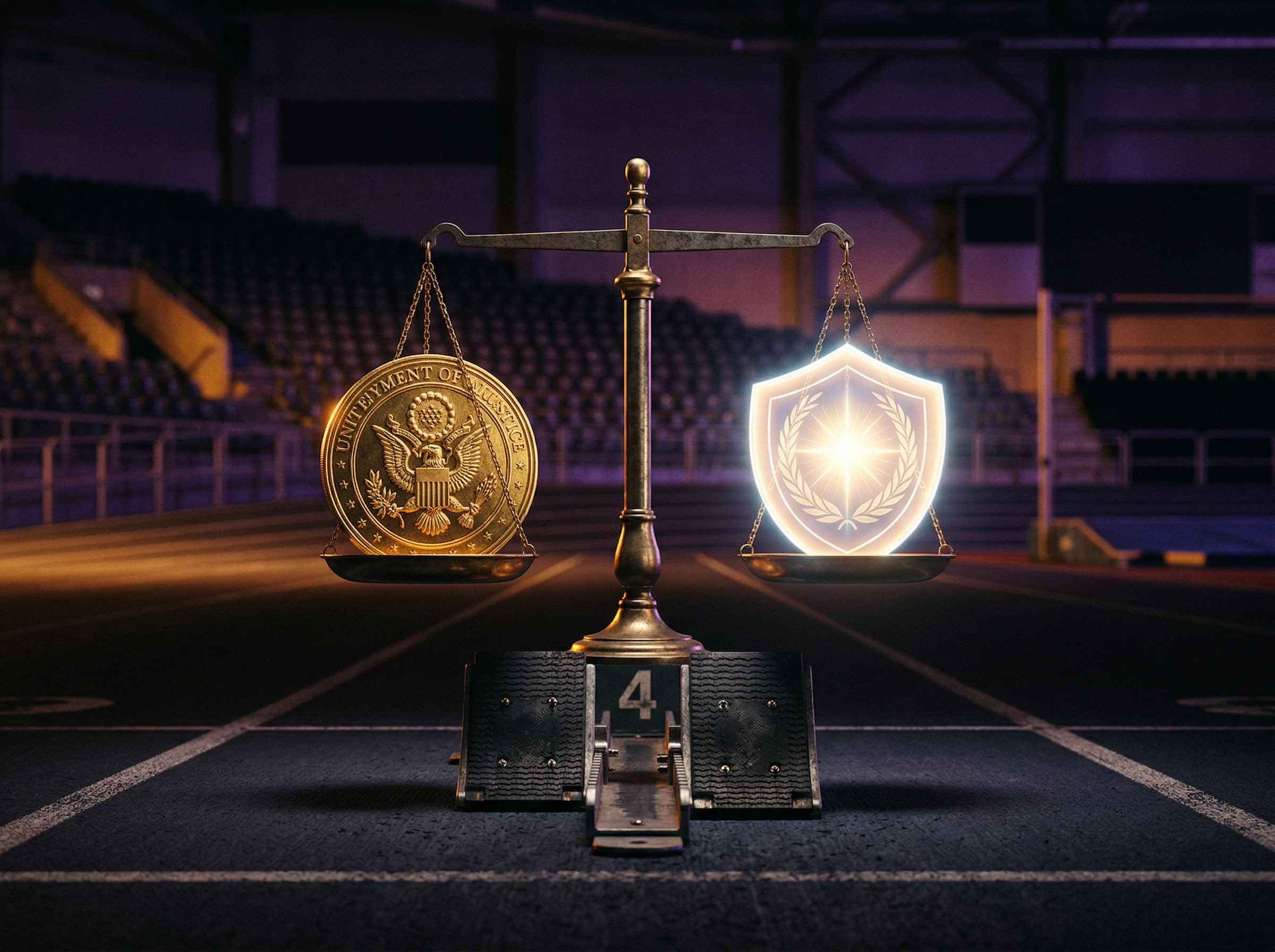 Scales of justice balanced on an athletic starting block, symbolizing the federal-state legal confrontation over trans athlete policies