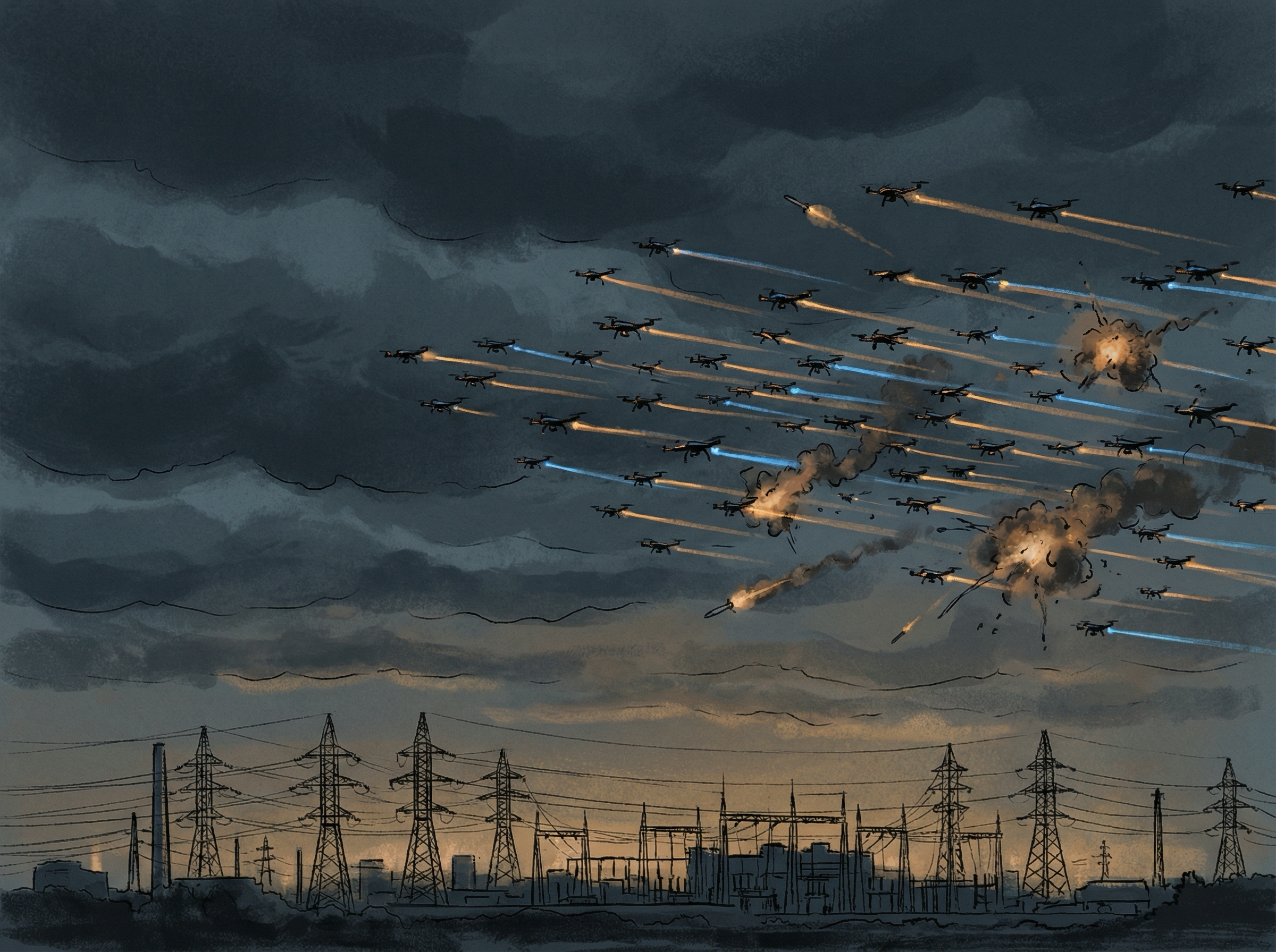 Massive coordinated drone swarm streaming across a winter sky toward power infrastructure
