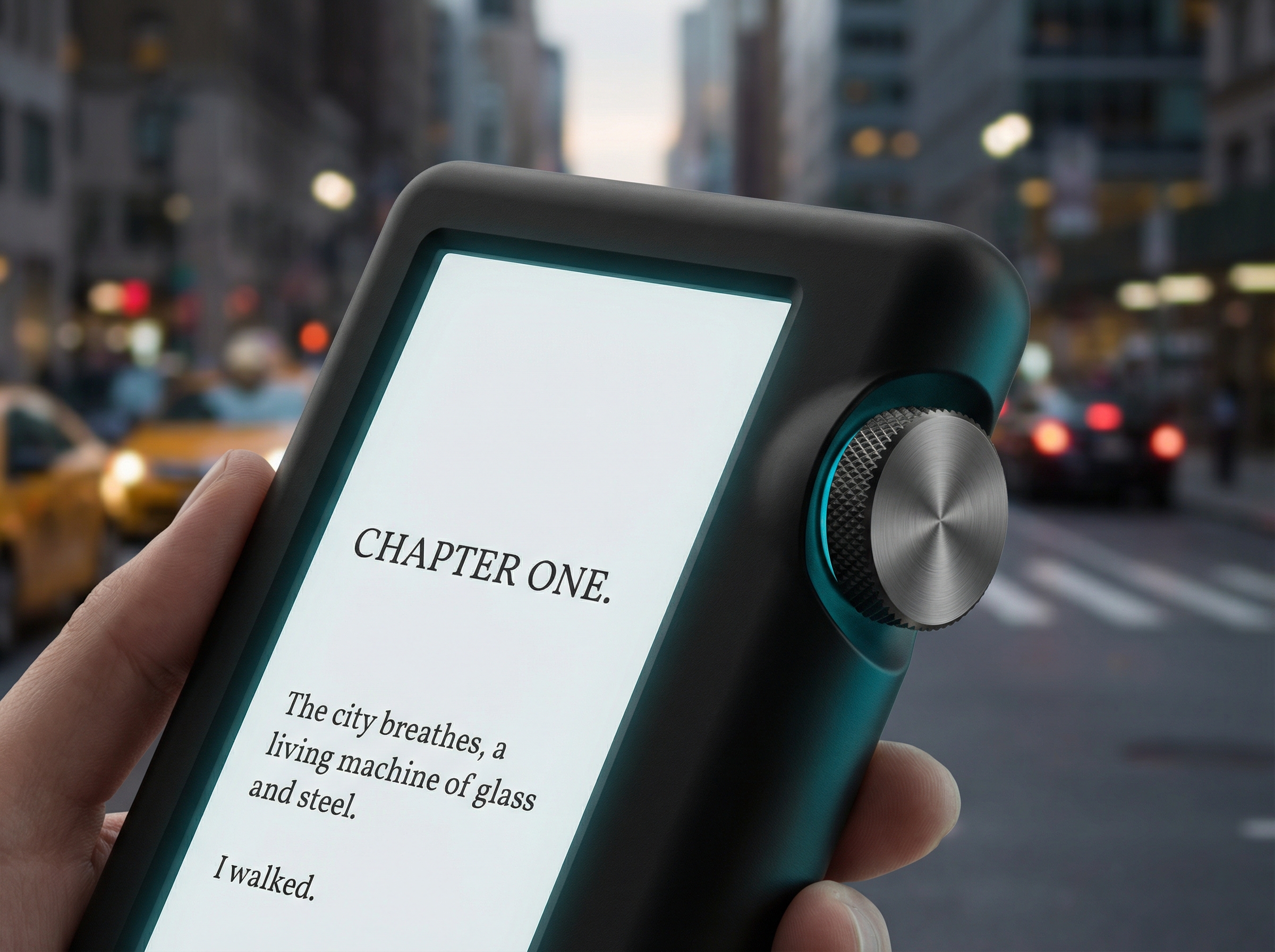 A pocket-sized e-ink device with a metallic dial for navigation, representing the DuRoBo Krono focus device