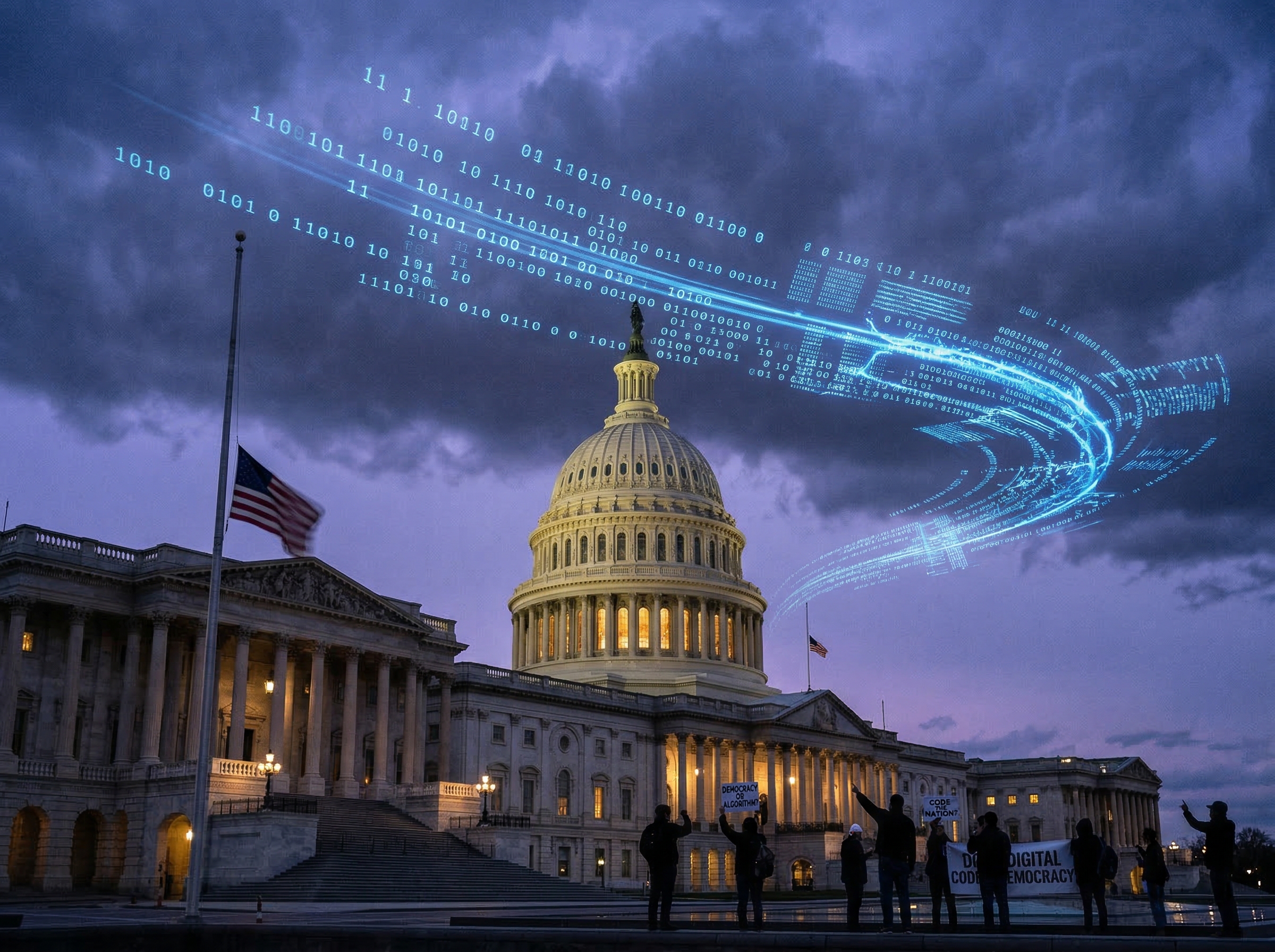 The US Capitol building with digital algorithm code projected onto its marble walls