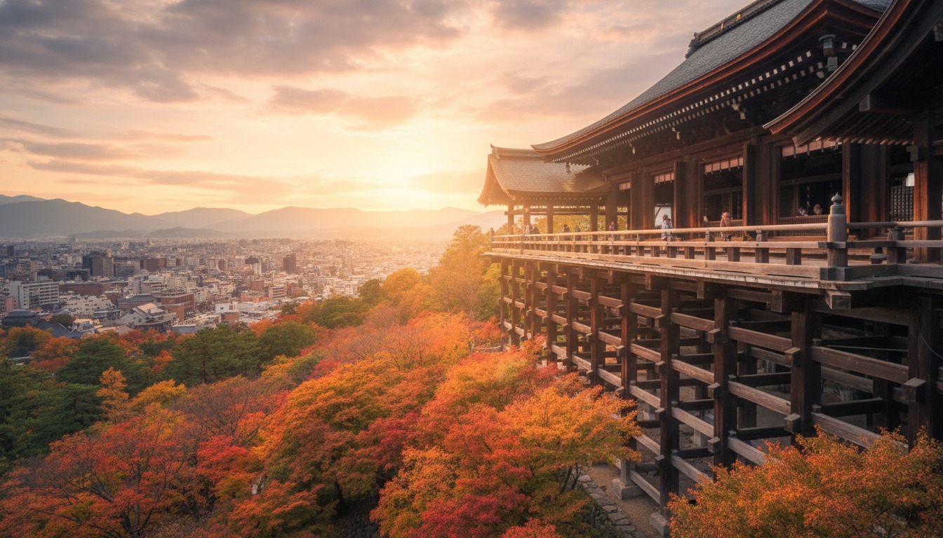 Kiyomizu-dera temple veranda overlooking Kyoto rooftops at golden hour