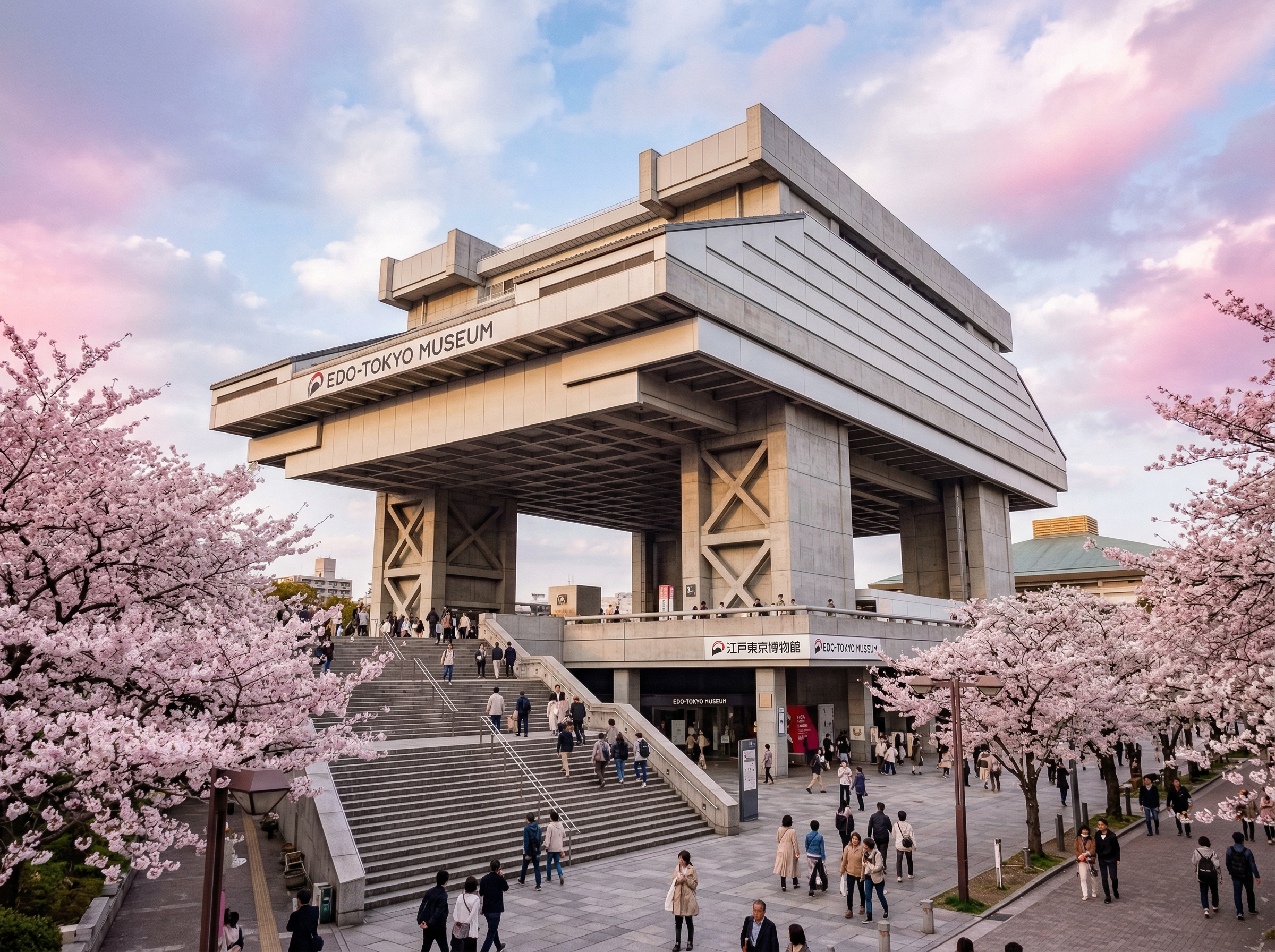 The iconic elevated architecture of the Edo-Tokyo Museum in Ryogoku, framed by cherry blossoms