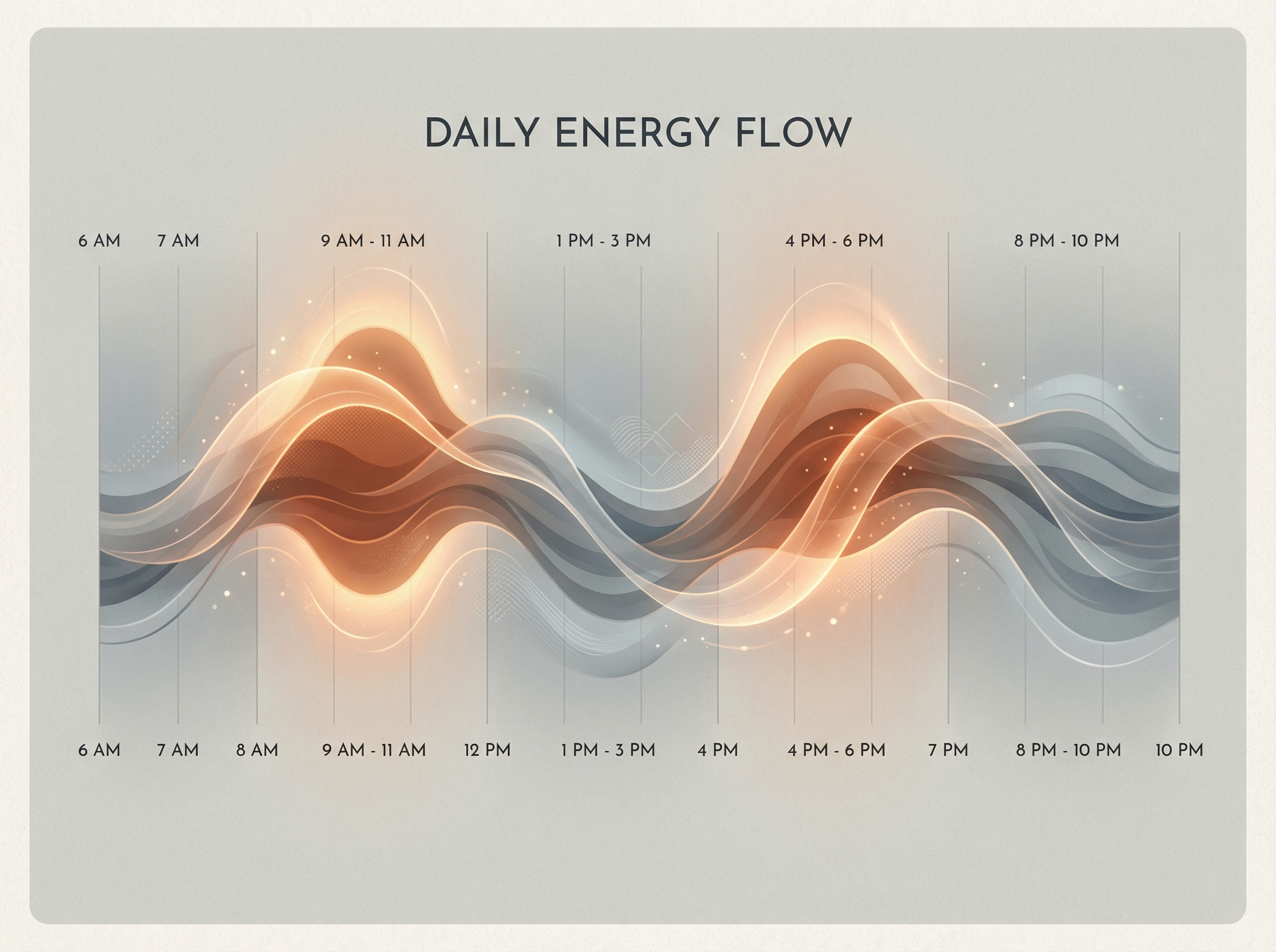 Energy waves flowing through a daily timeline, visualizing natural peaks and valleys