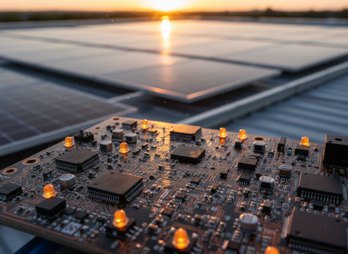 Close-up of microinverter circuit board with LED indicators