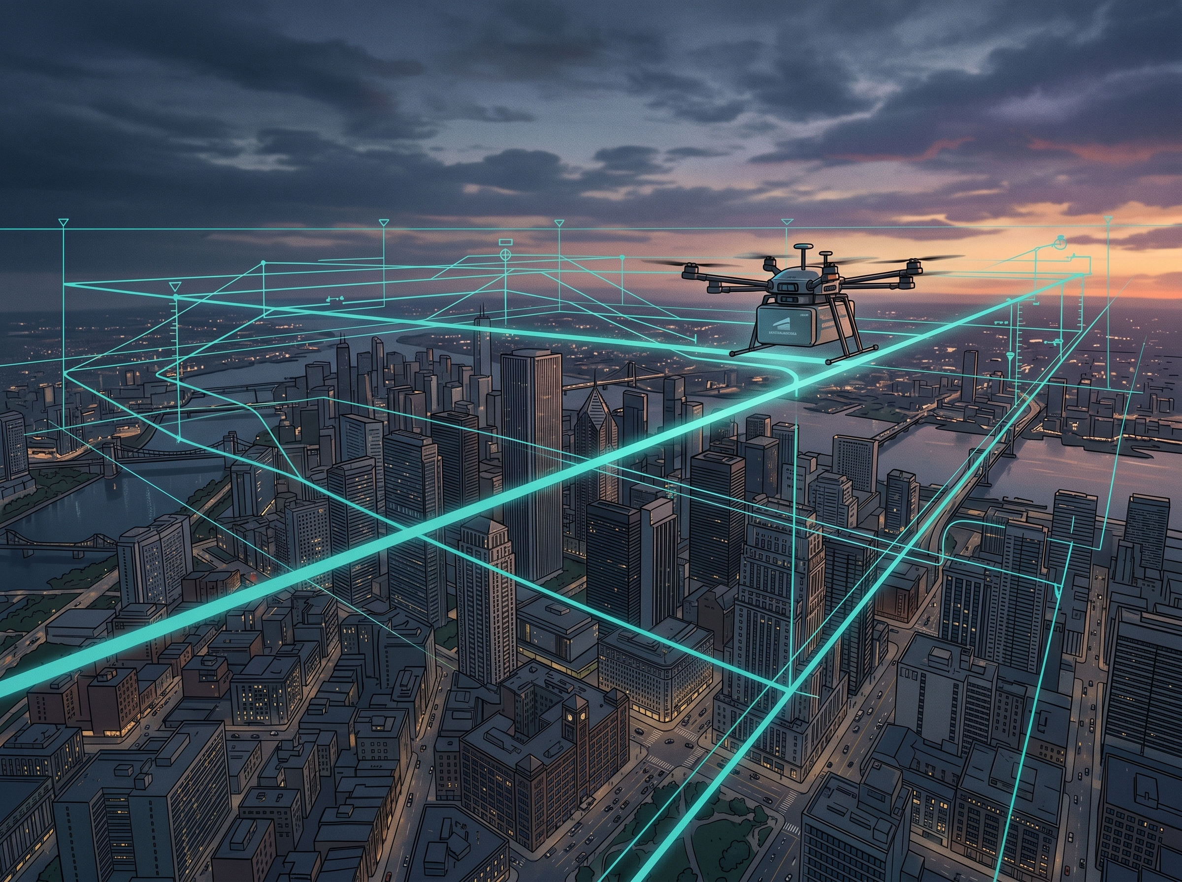 Autonomous delivery drone flying freely over a city skyline with geometric flight path lines