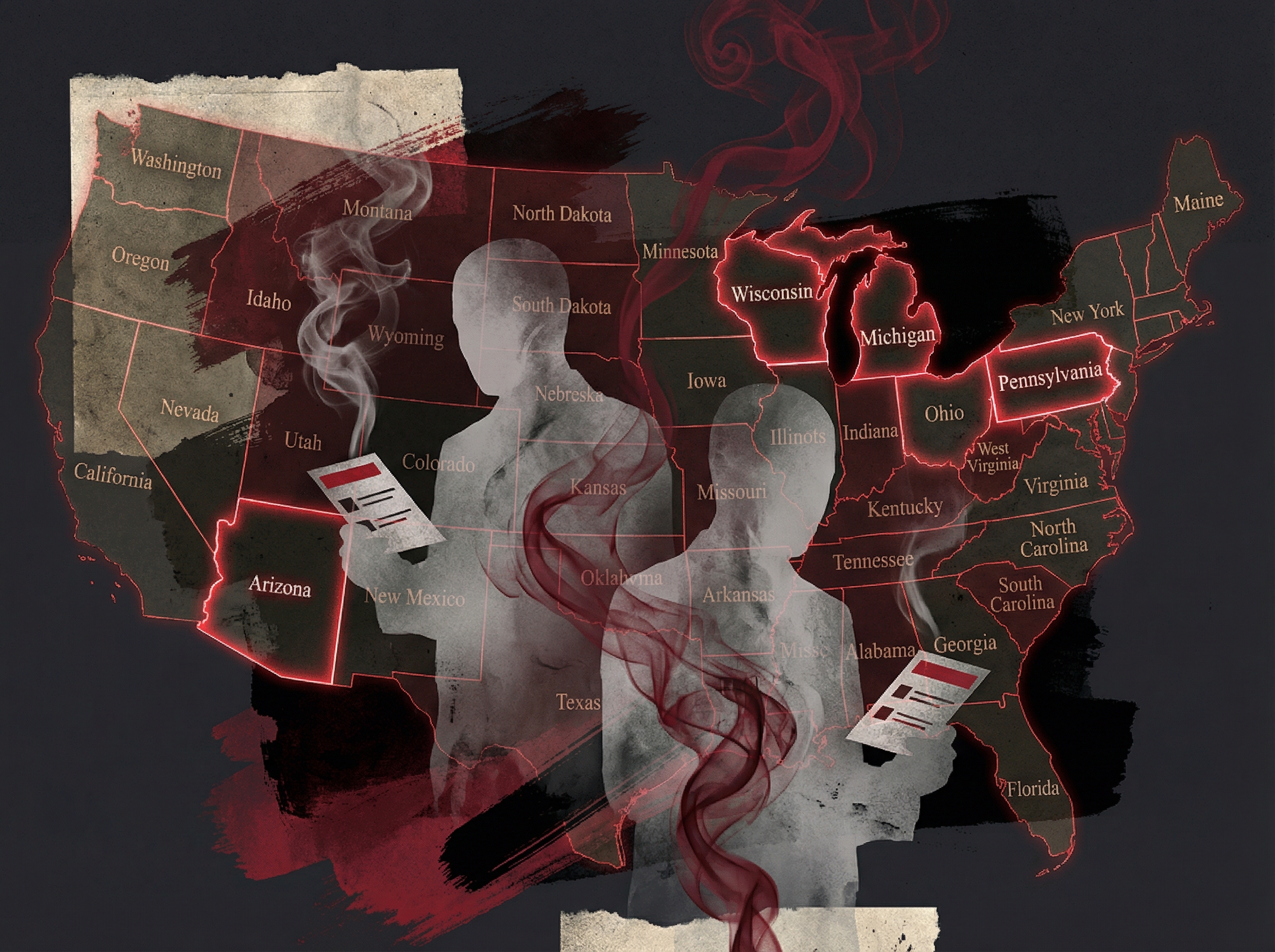 Phantom figures holding fraudulent ballots dissolving into smoke