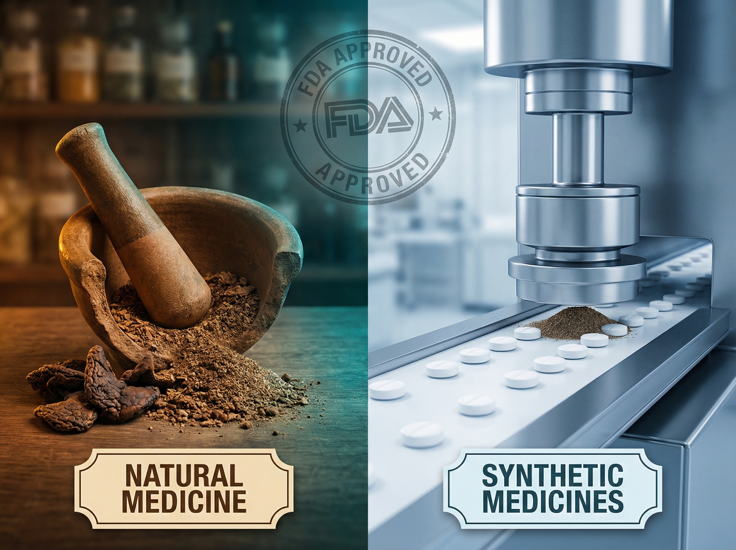 Mortar and pestle crushing natural thyroid glands transforming into pharmaceutical pills