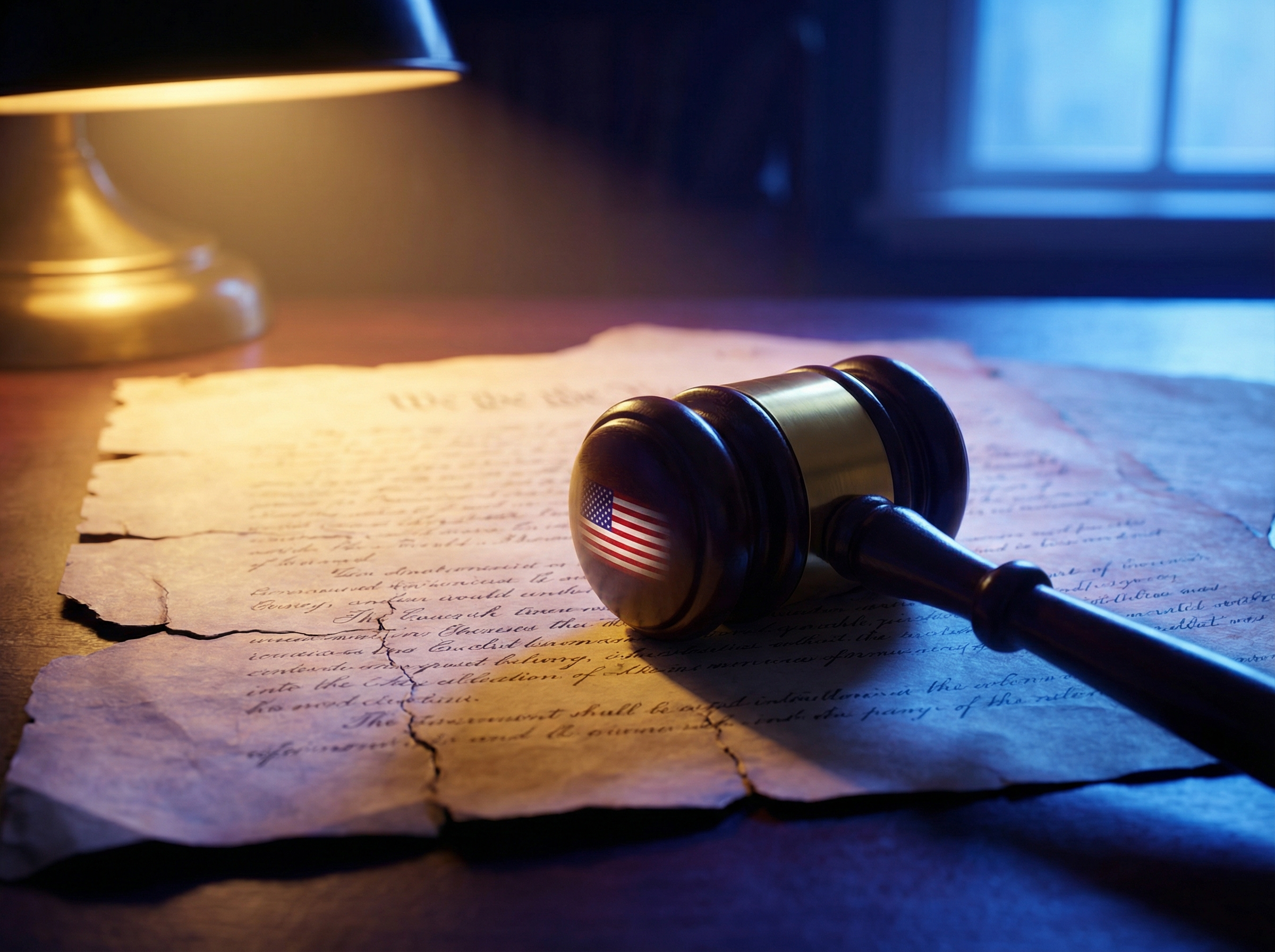 A gavel resting on cracked legal documents, symbolizing the federal court victory