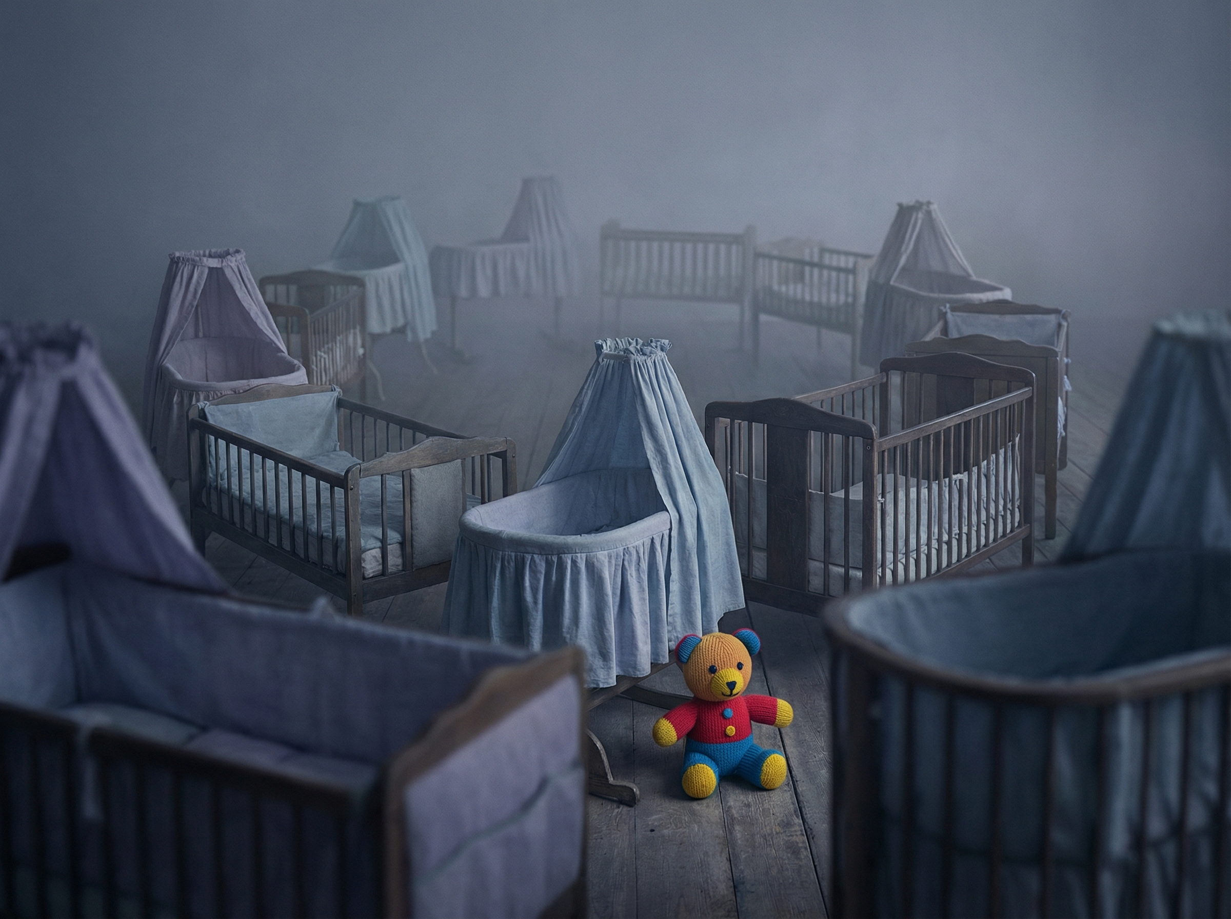 Abstract visualization of declining fertility rates with empty nursery cribs in diminishing pattern