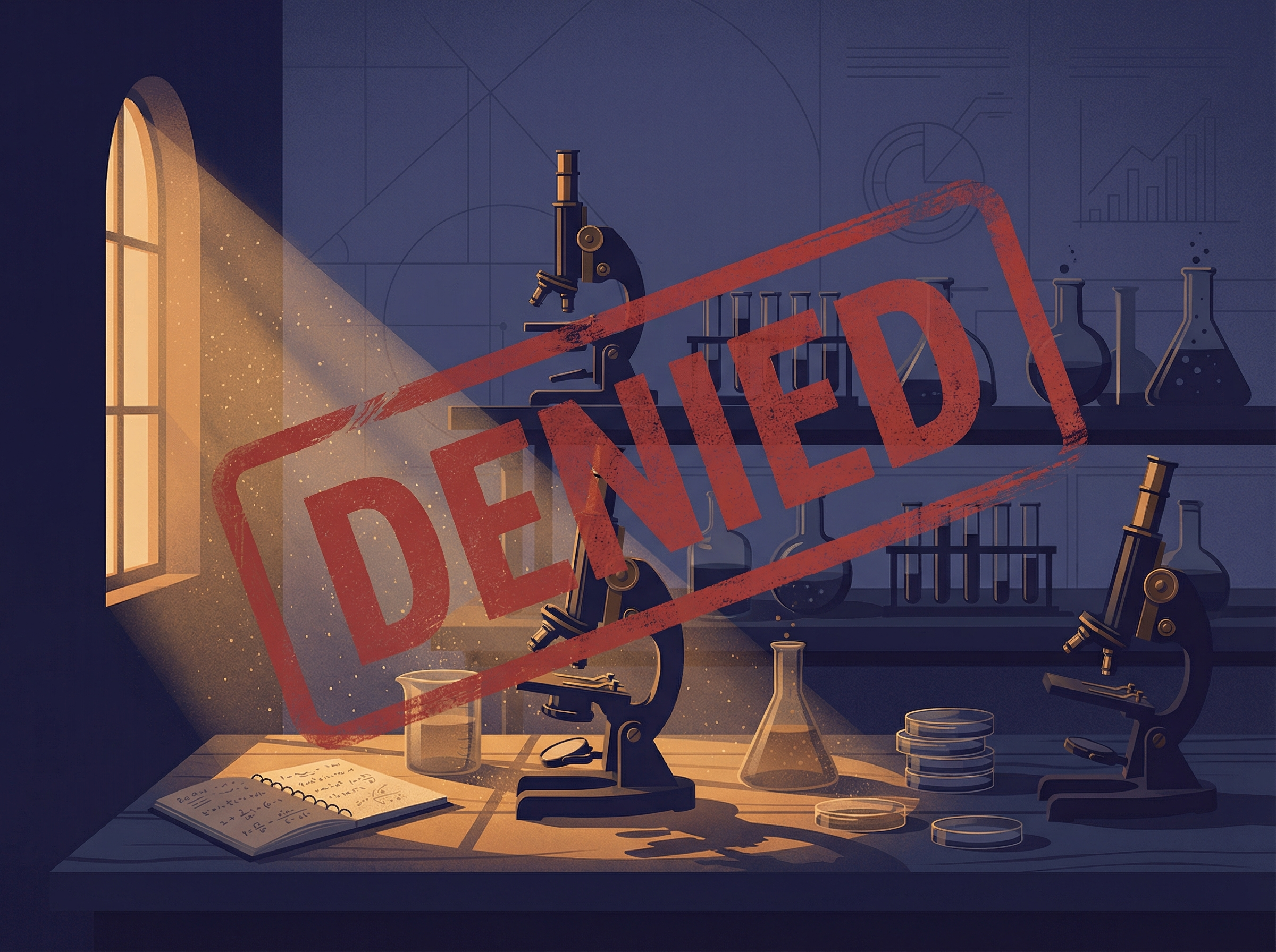 Editorial illustration of a laboratory with scientific equipment in shadow and a large DENIED stamp overlay