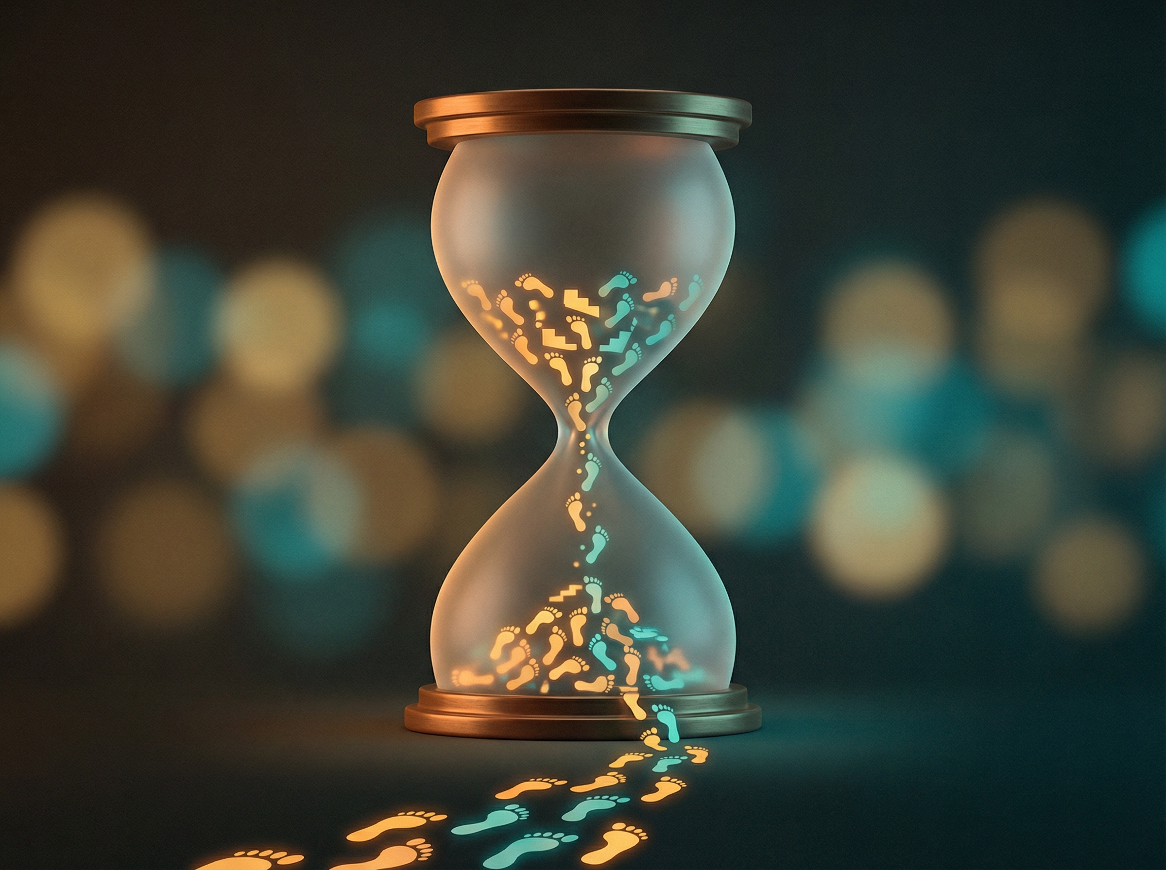 Abstract hourglass with glowing footprint particles