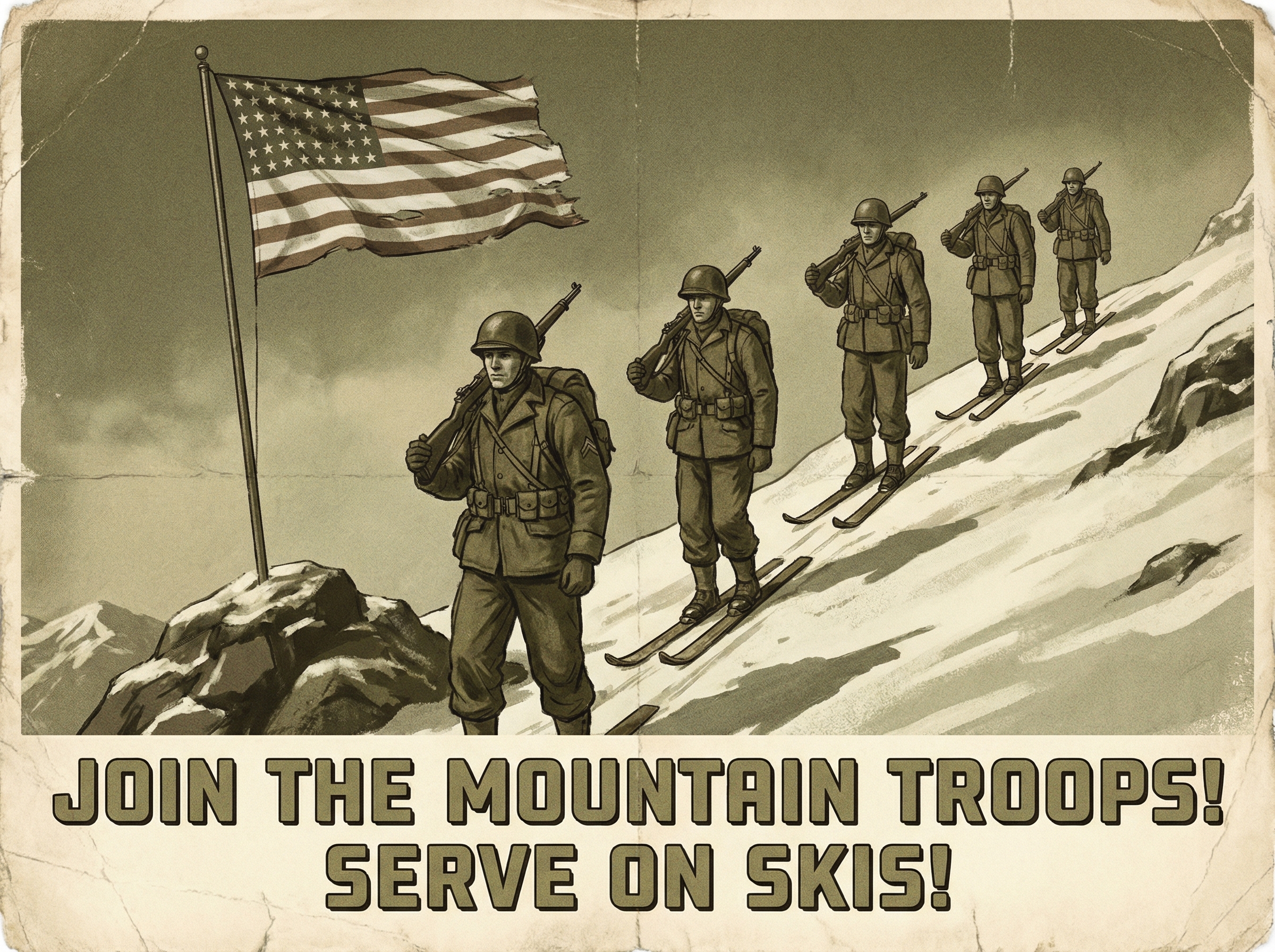 WWII-era ski troops ascending a mountain pass with rifles and equipment