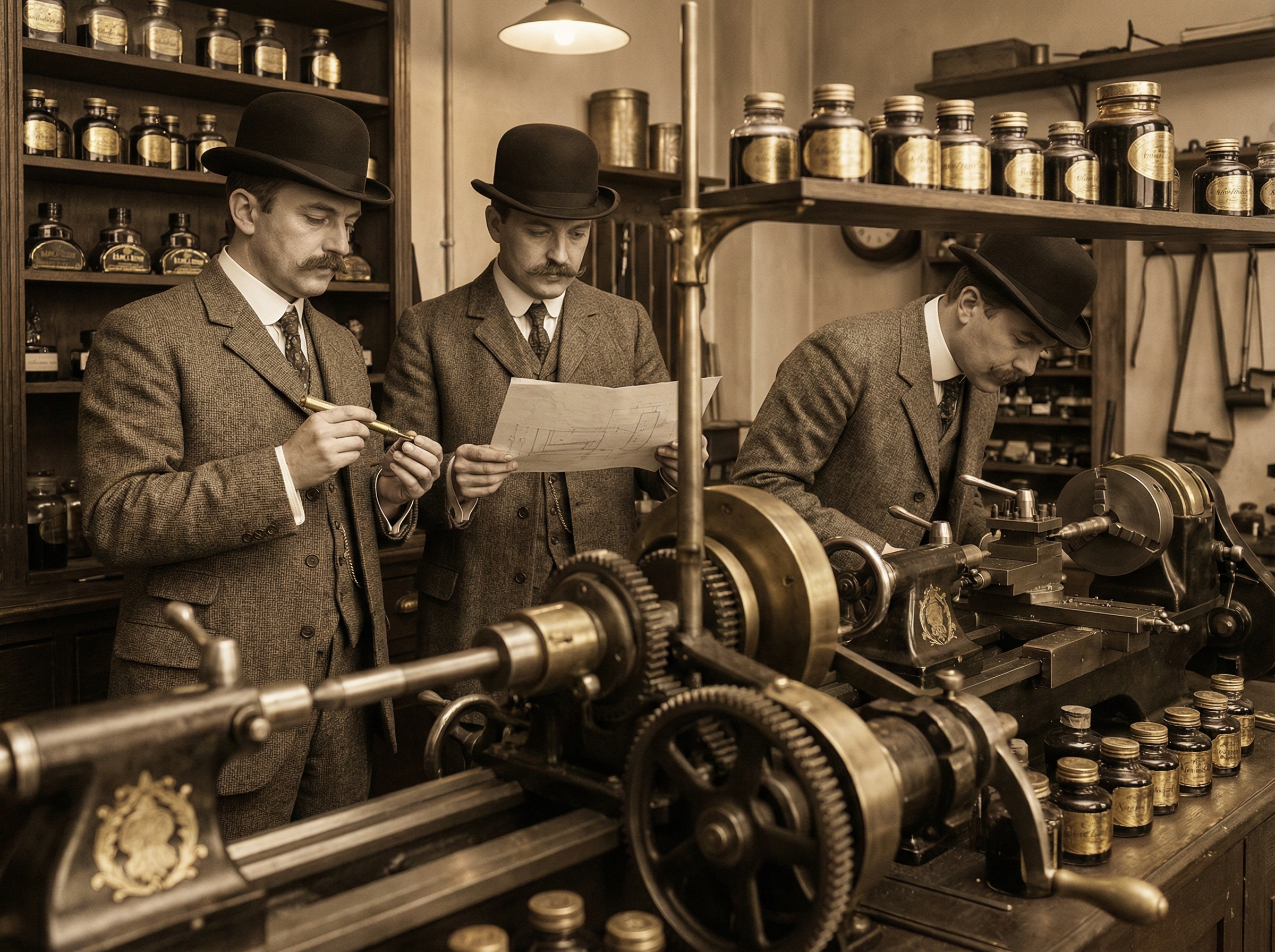 Victorian-era gentlemen in a Hamburg pen workshop circa 1906