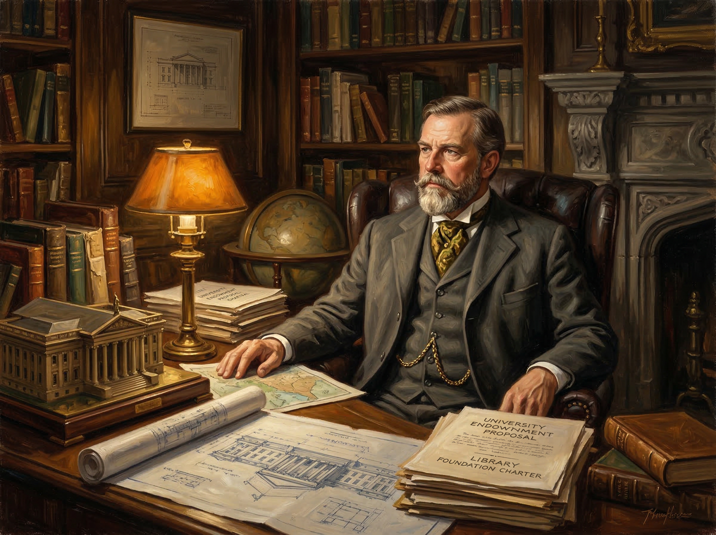 A Gilded Age banker surrounded by architectural blueprints and educational documents in warm lamplight