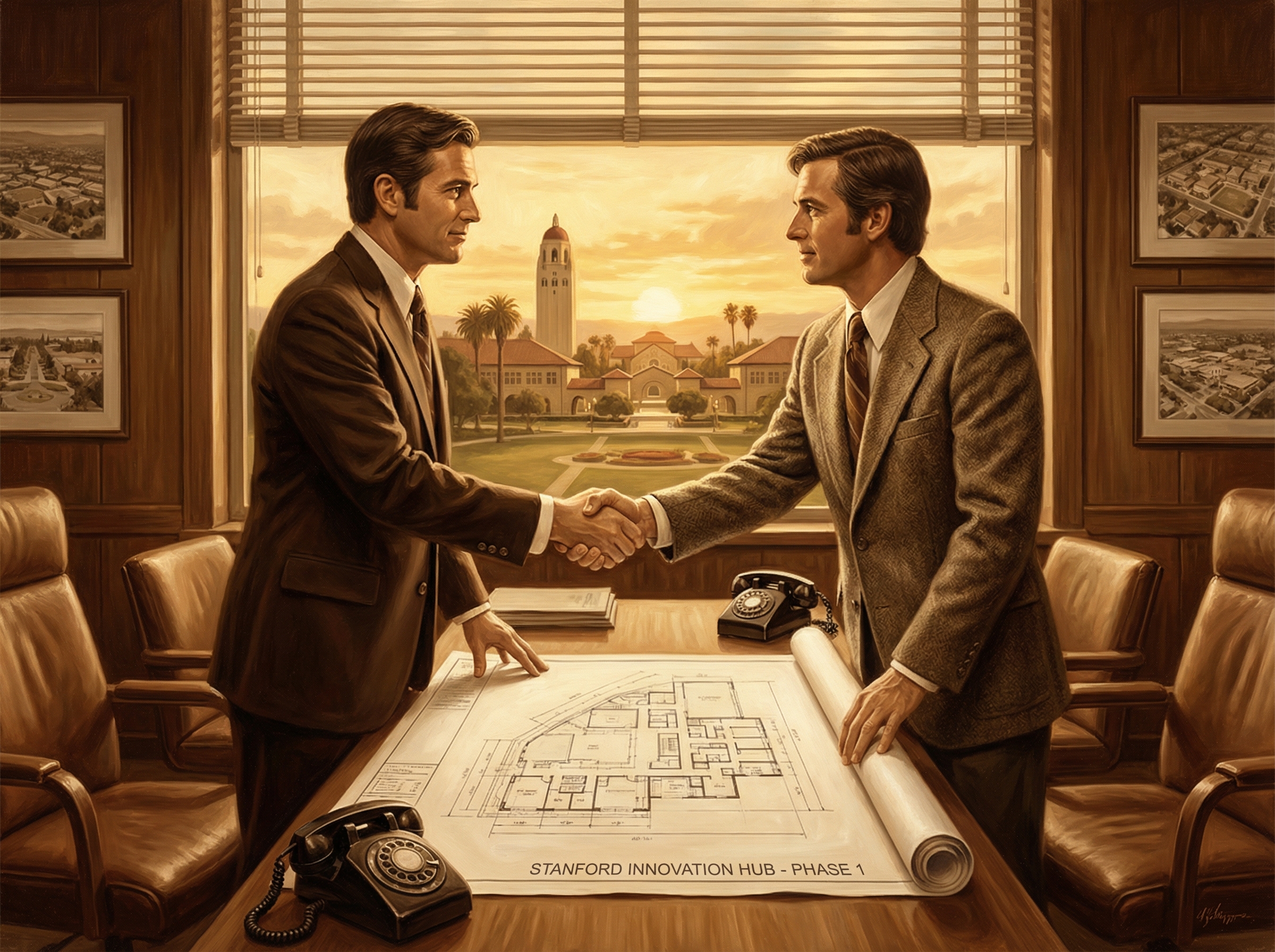 Two executives shaking hands over architectural blueprints, warm golden light, the founding moment of PARC