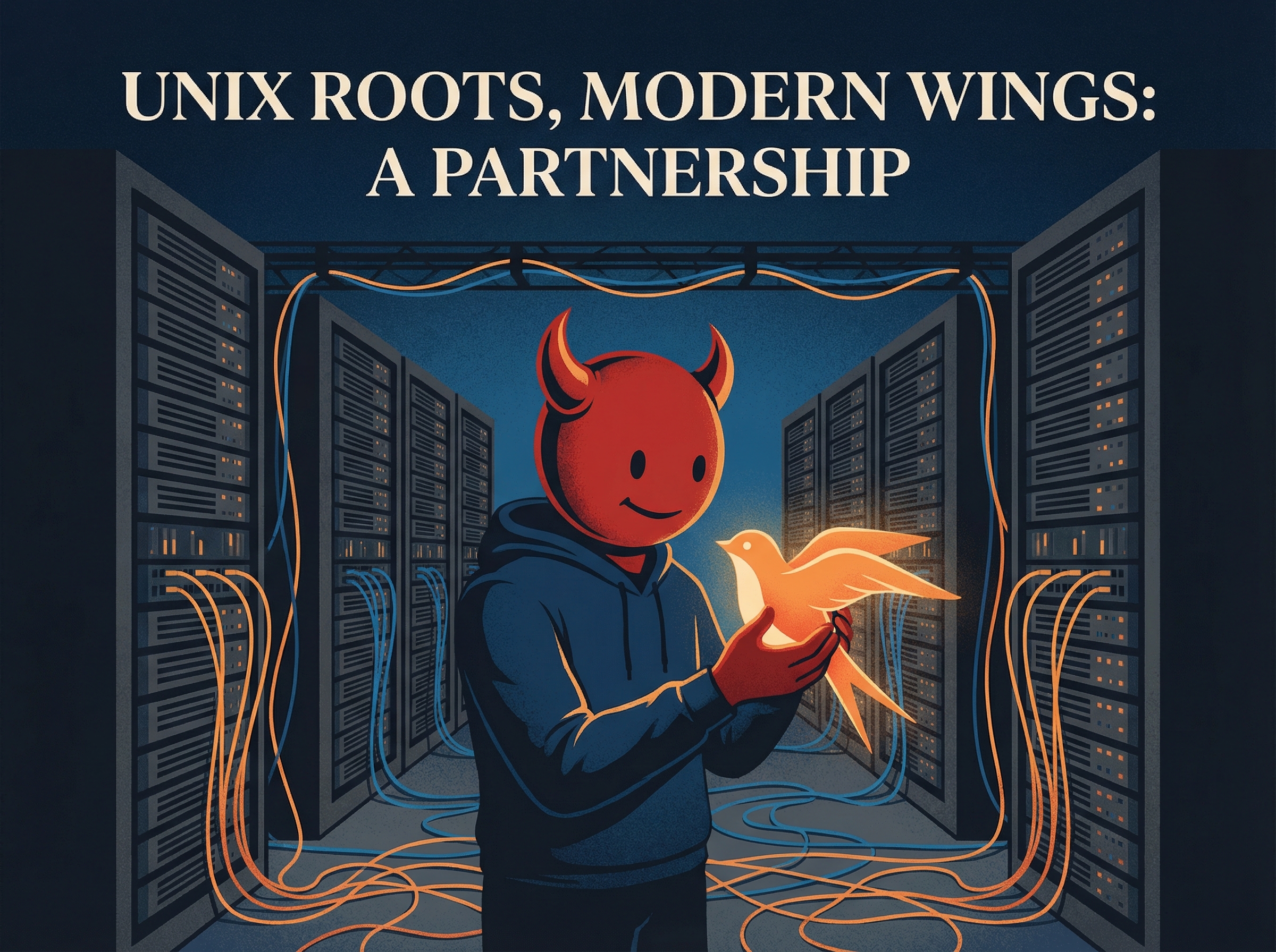 FreeBSD daemon alongside Swift bird, representing Unix heritage meeting modern language