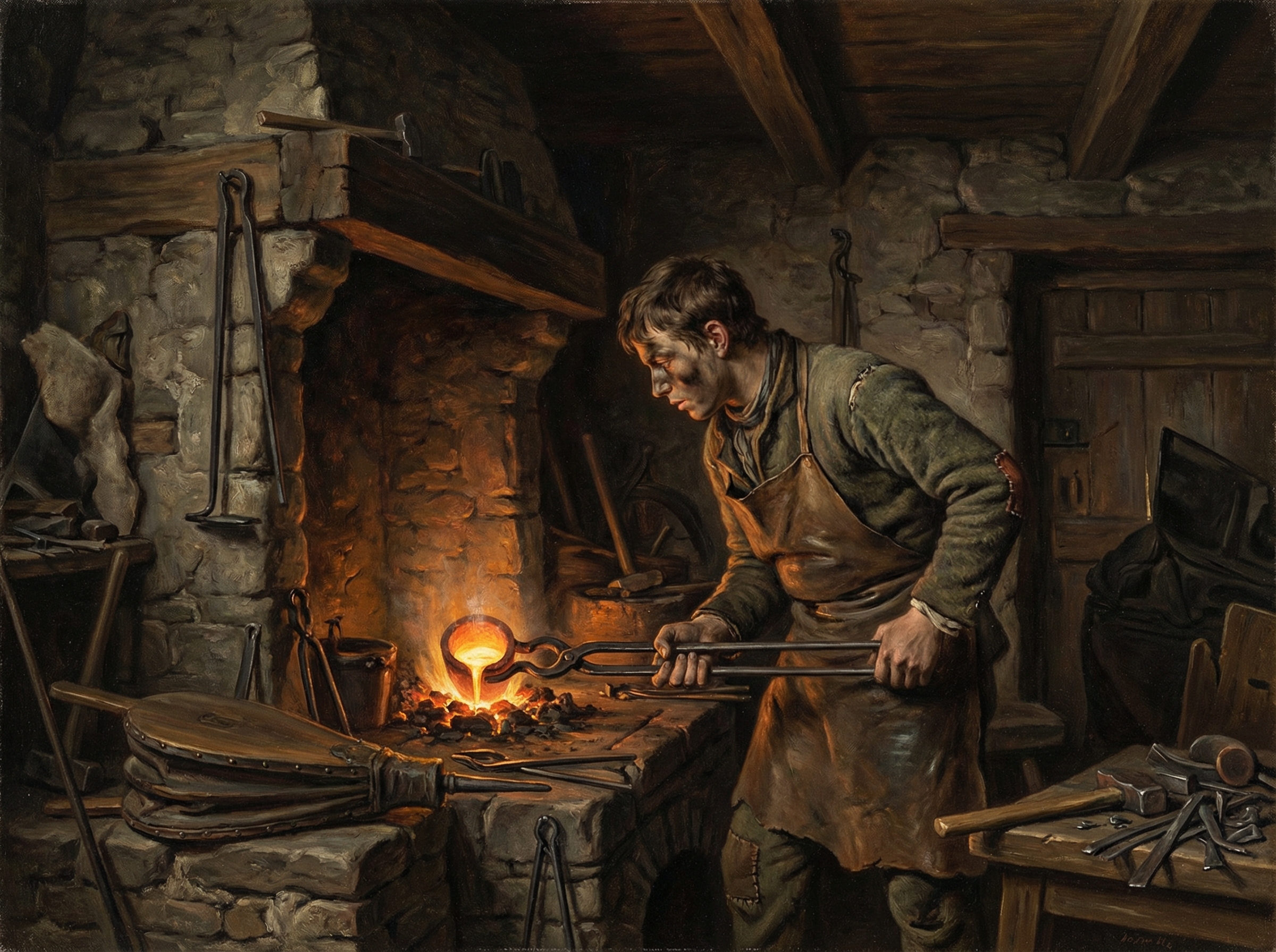 A small dark workshop forge in early 1800s Germany, a crucible glowing with molten metal