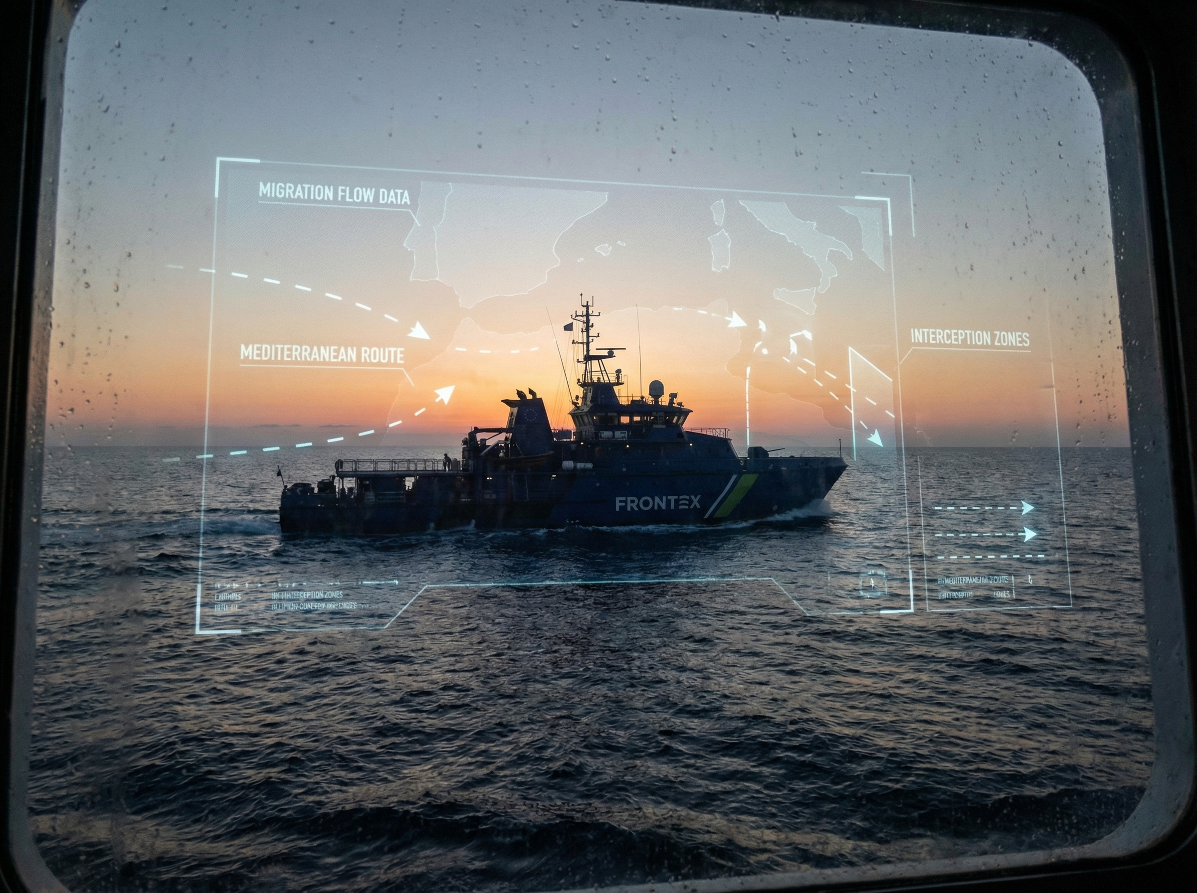 Frontex patrol boat at Mediterranean dawn