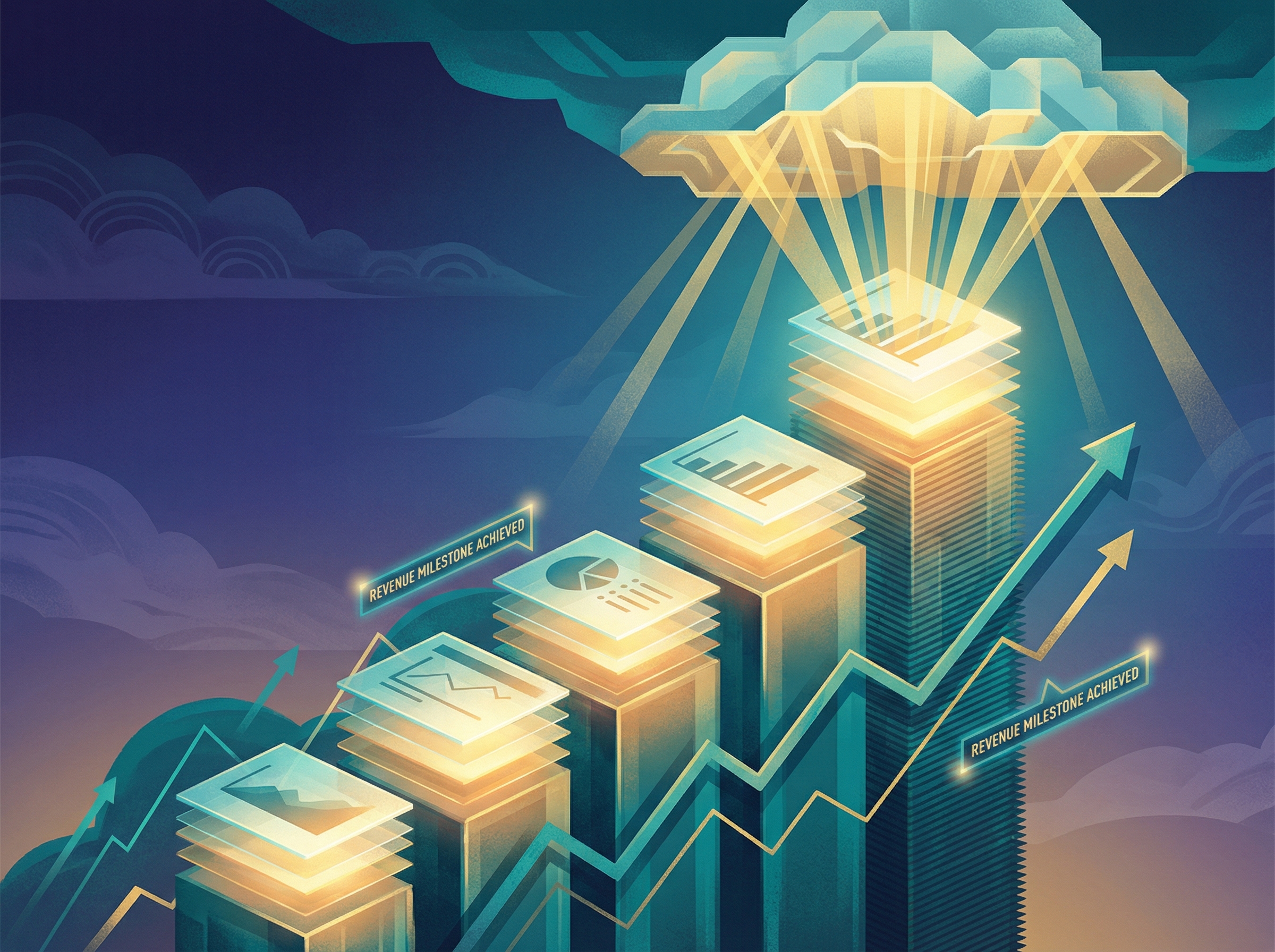 Ascending stacks of luminous presentation slides forming a triumphant bar chart