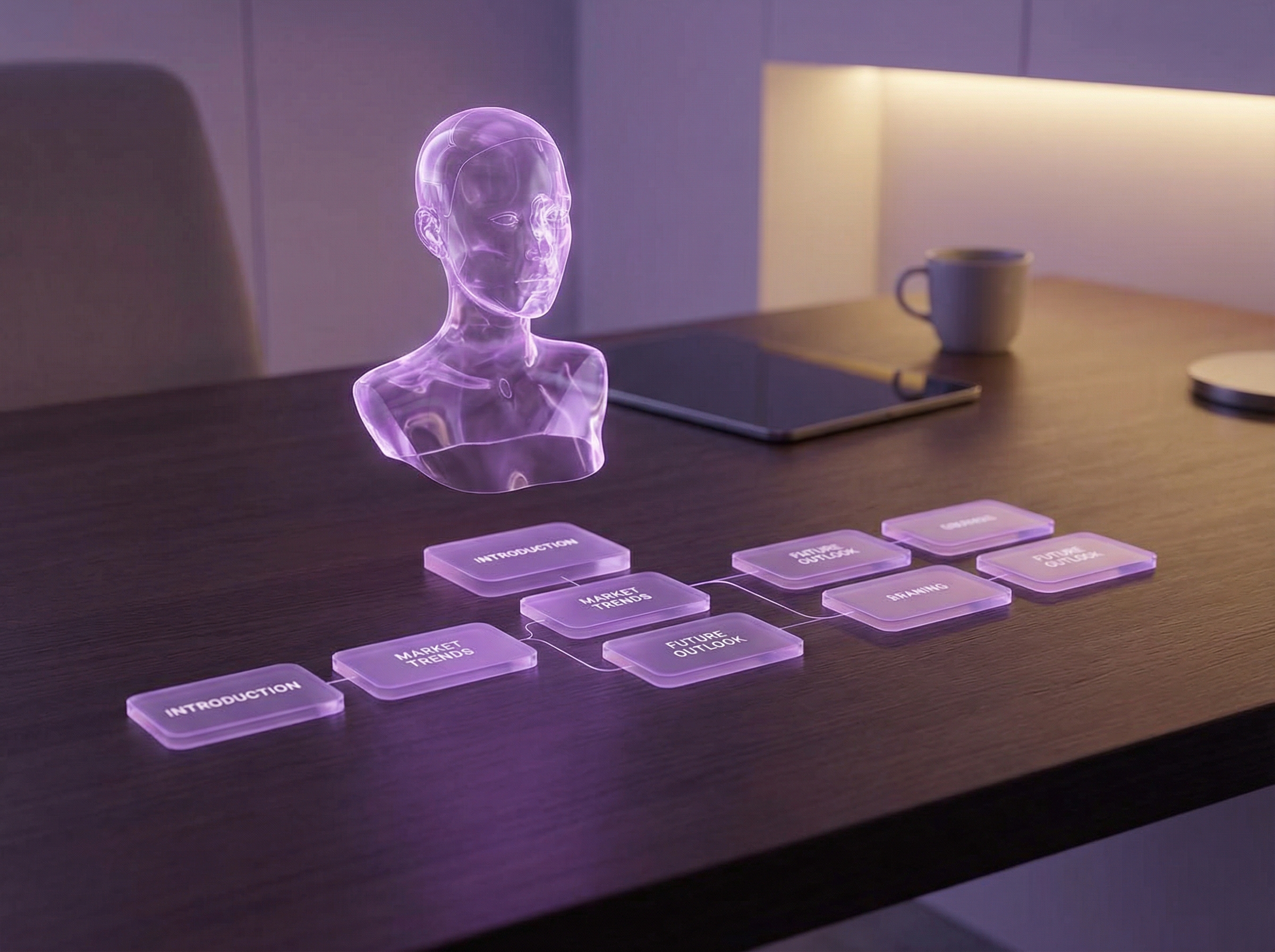 AI hologram assistant hovering over a structured presentation outline with glowing narrative blocks