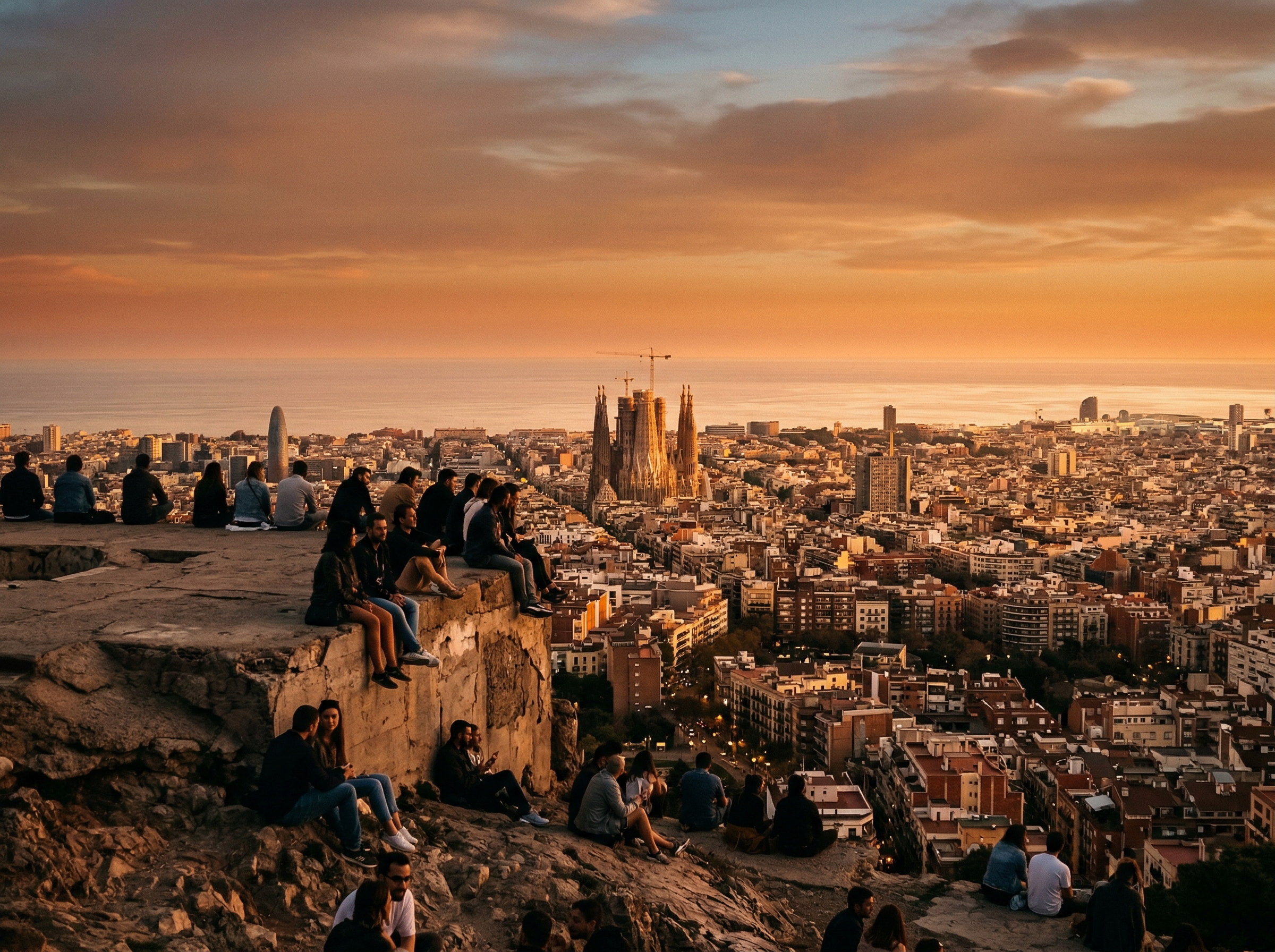 Interior of the Sagrada Família with sunlight streaming through stained glass, illuminating forest-like columns