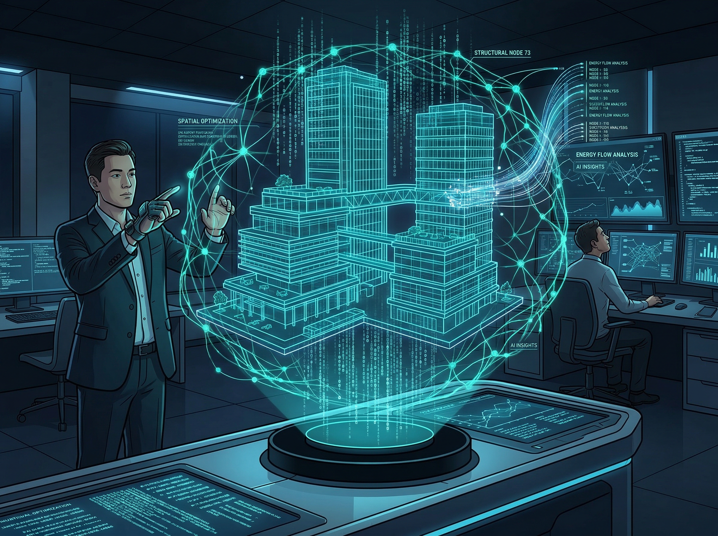 Holographic 3D architectural model being analyzed by AI data streams in a spatial computing workspace