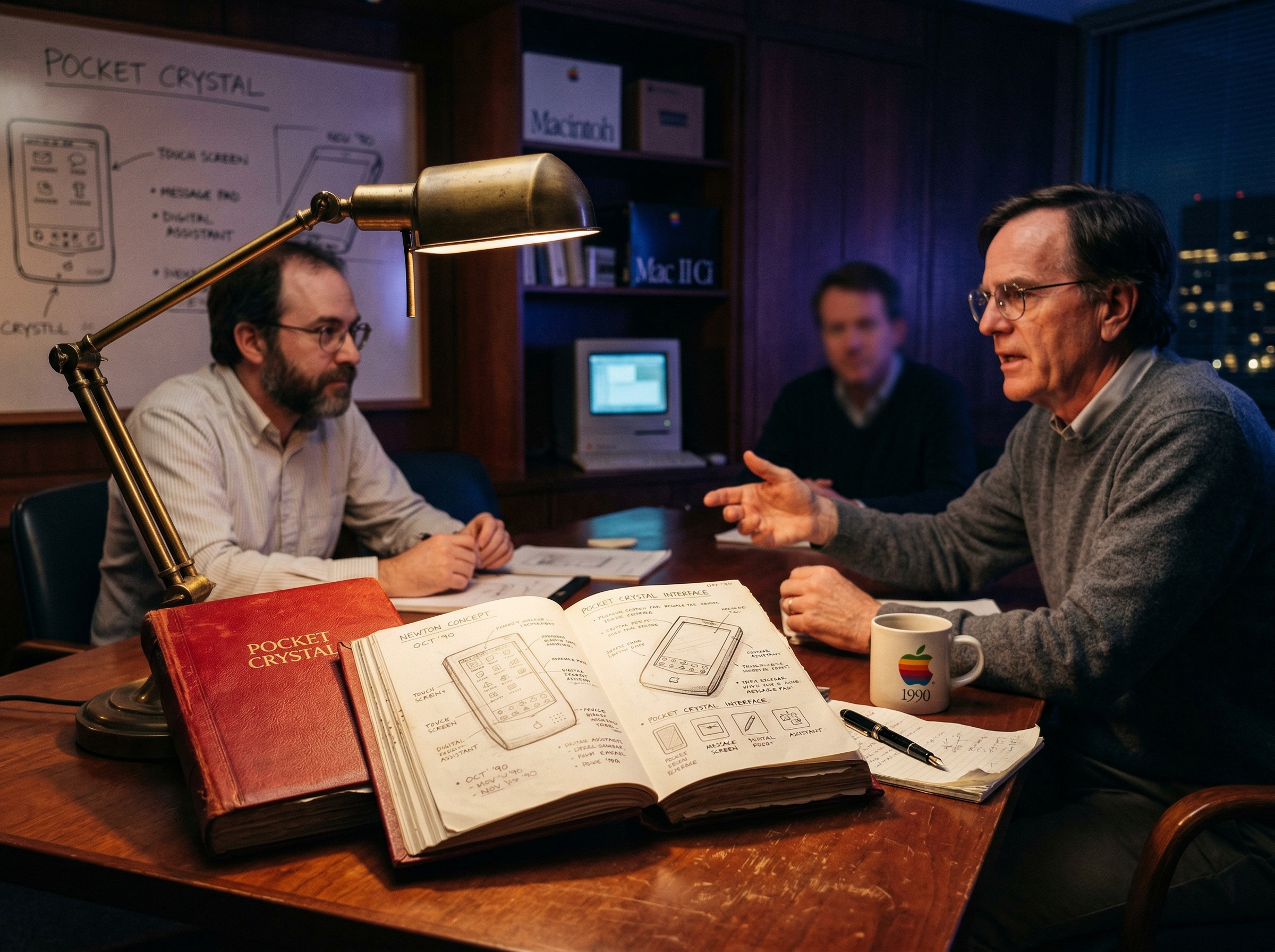 A dimly lit conference room with a red book of sketches open on the table, evoking Marc Porat's Pocket Crystal pitch at Apple in 1990
