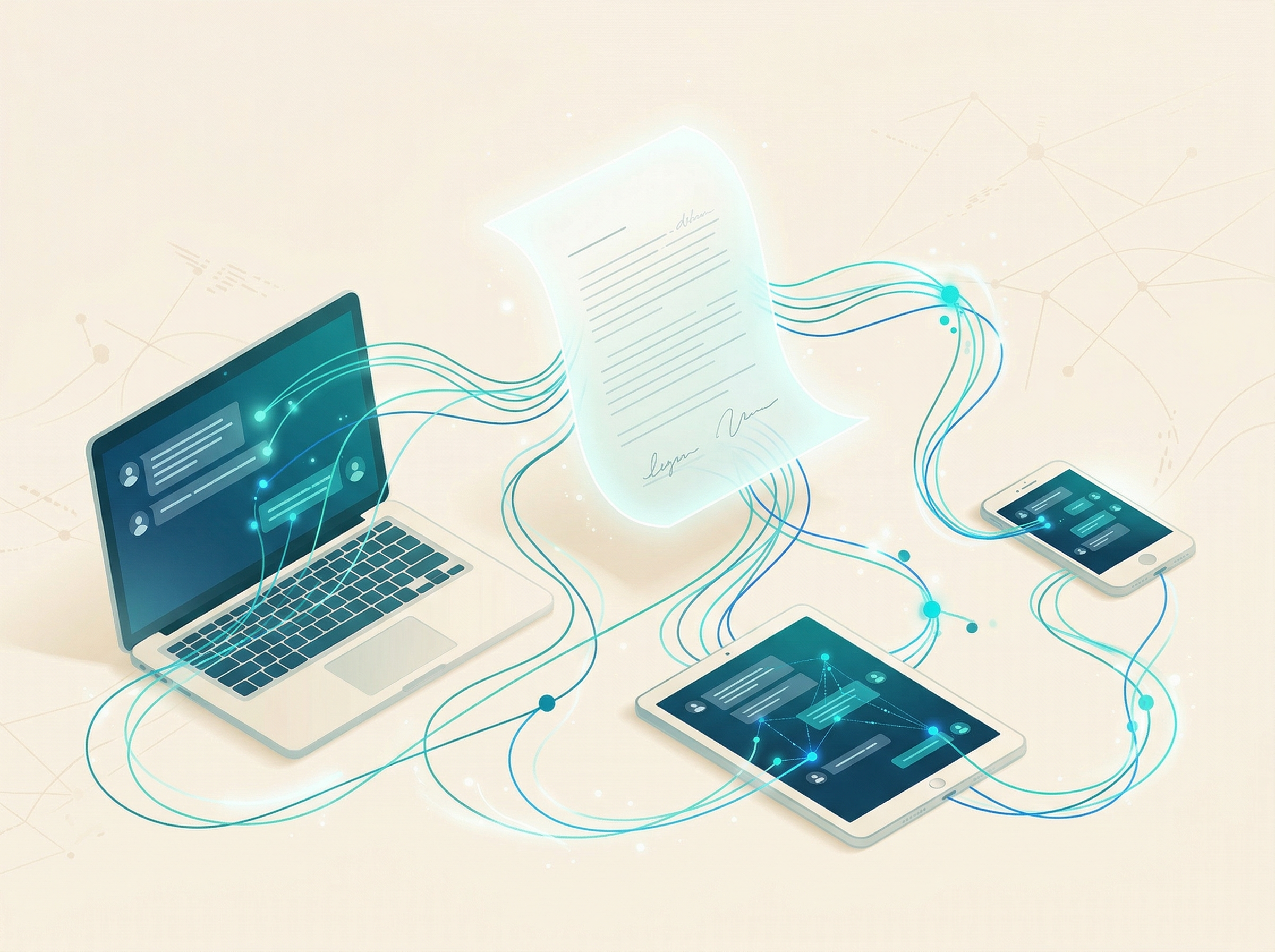 Glowing document threads connecting across multiple devices representing persistent AI conversation history