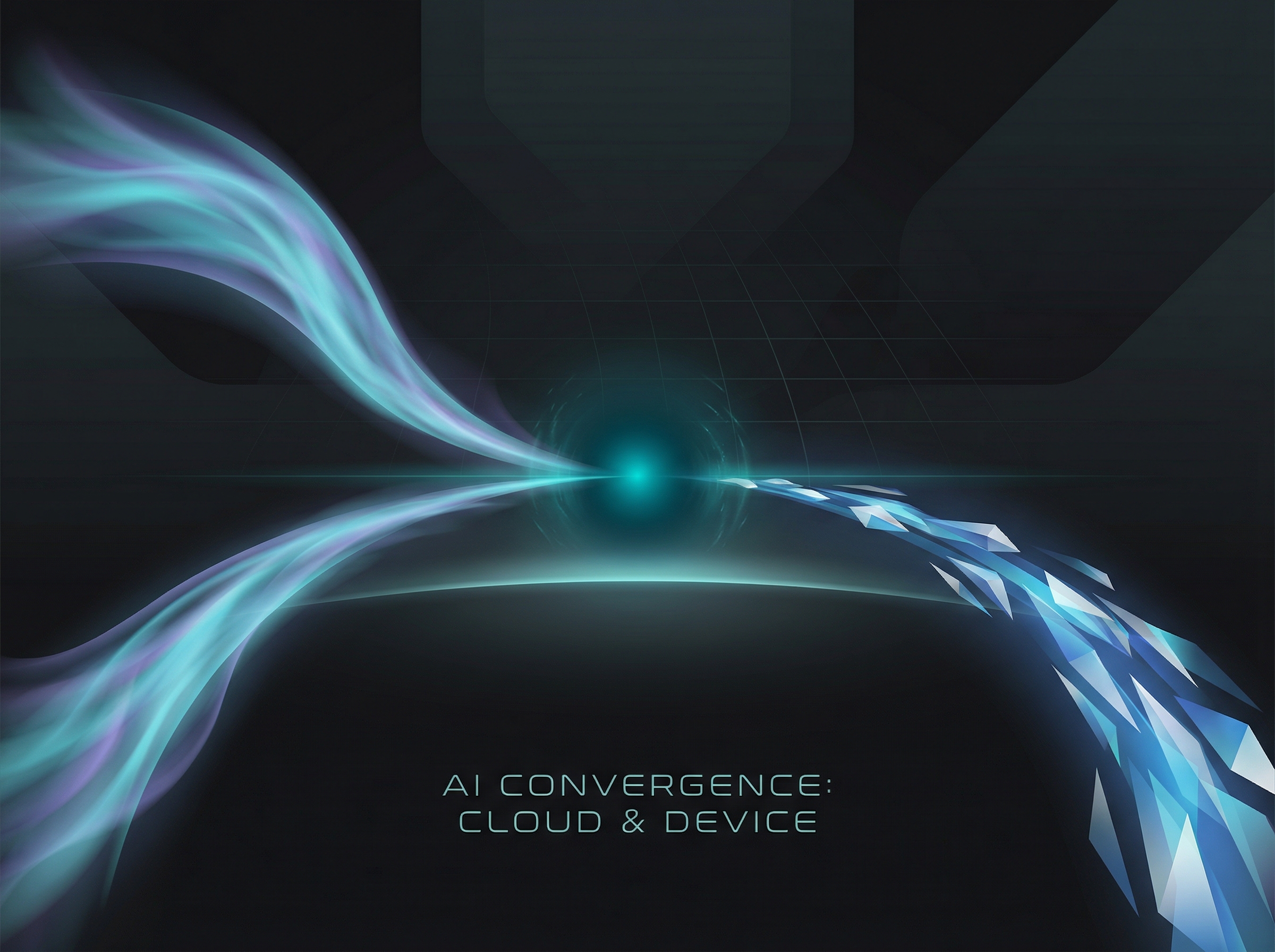 Two luminous paths converging at the horizon, representing the closing gap between cloud and on-device AI
