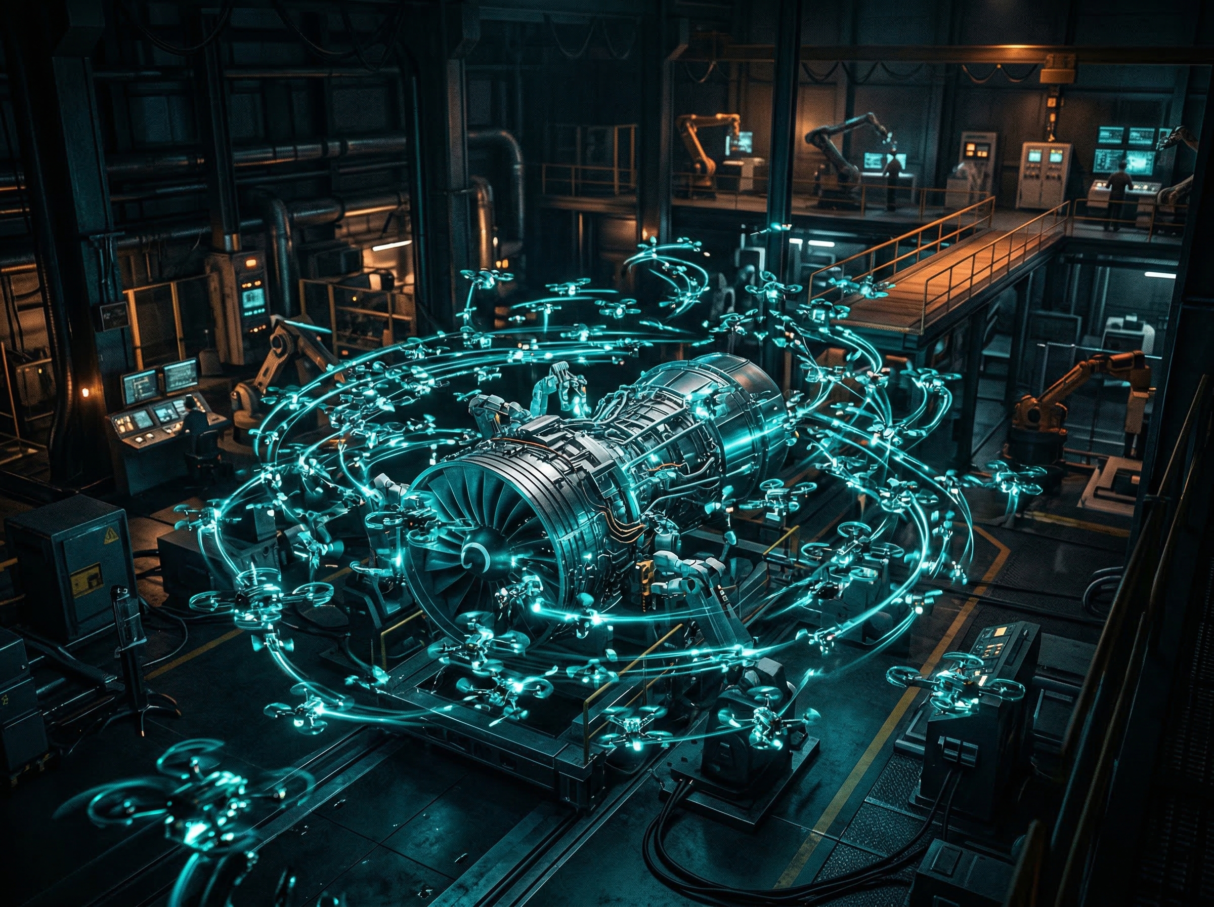 Swarm of AI worker drones orchestrating complex software tasks