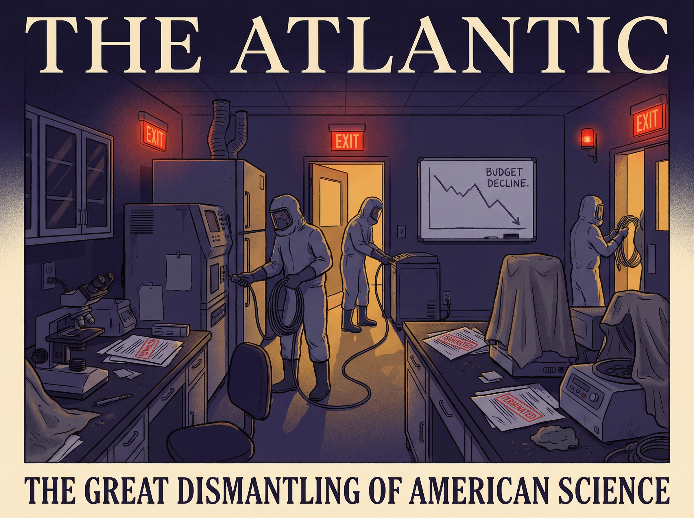 Research laboratory with equipment being unplugged, grant documents stamped TERMINATED scattered across benches