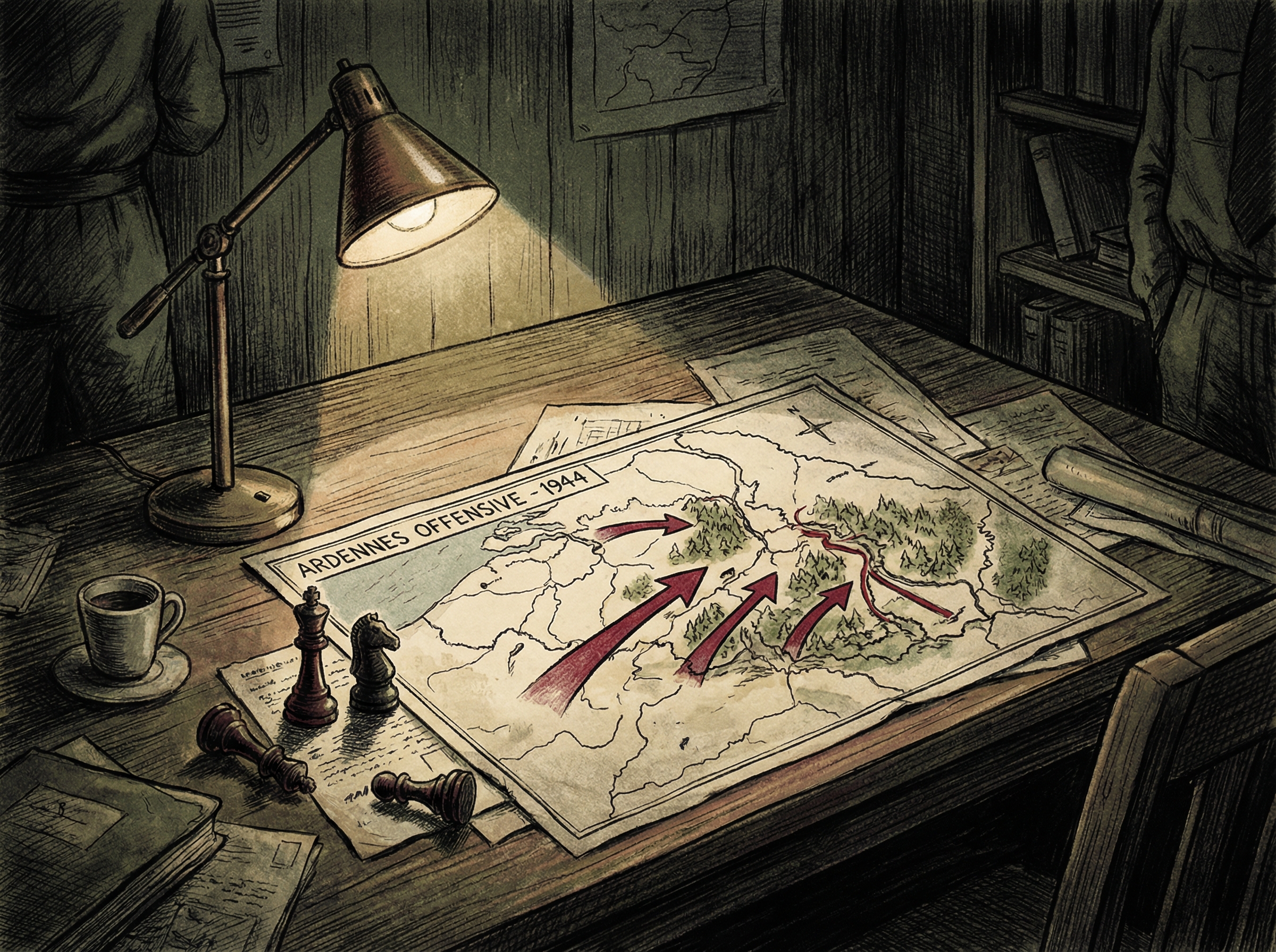 A war room map table illuminated by a single lamp, showing the Ardennes attack plan