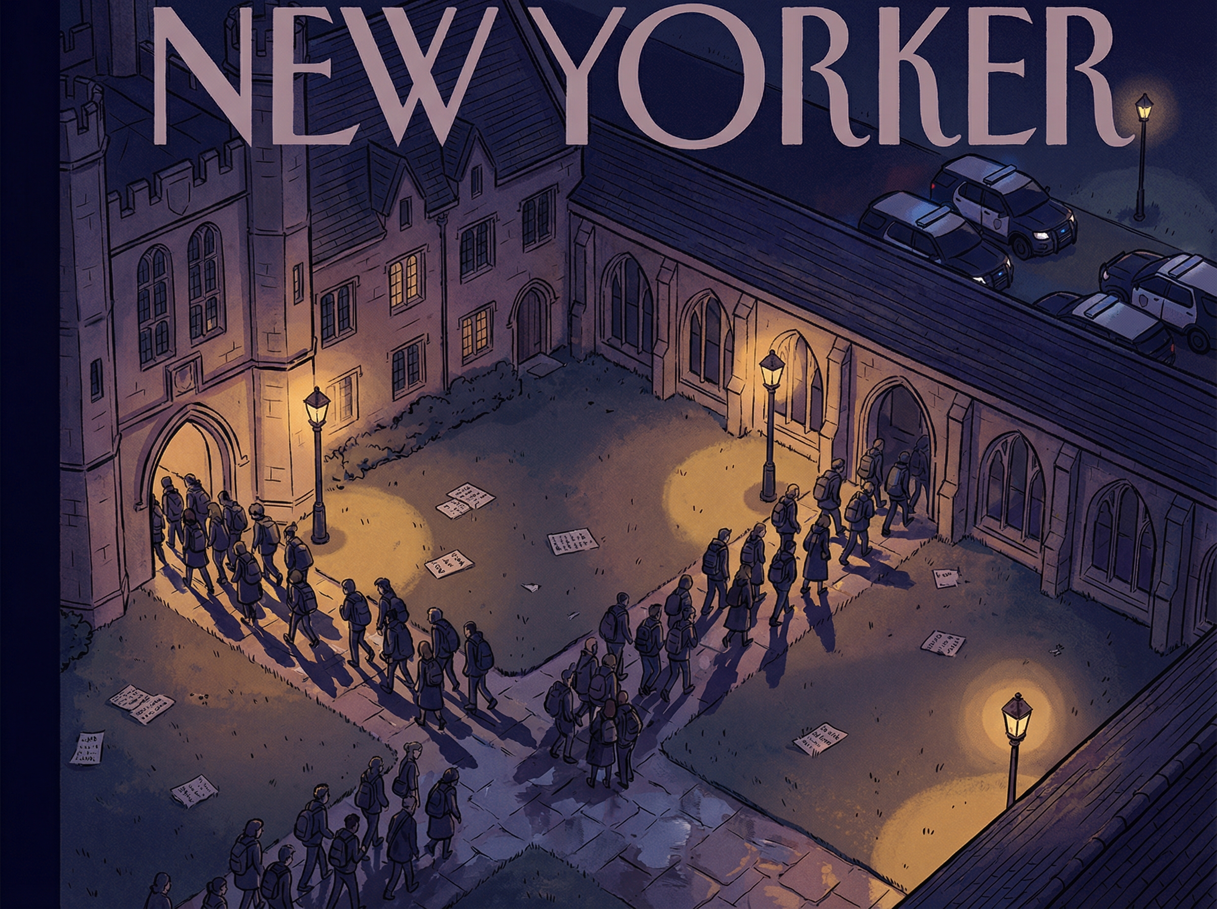 University quad at dusk with students clustering and walking toward buildings, long shadows and protest signs visible